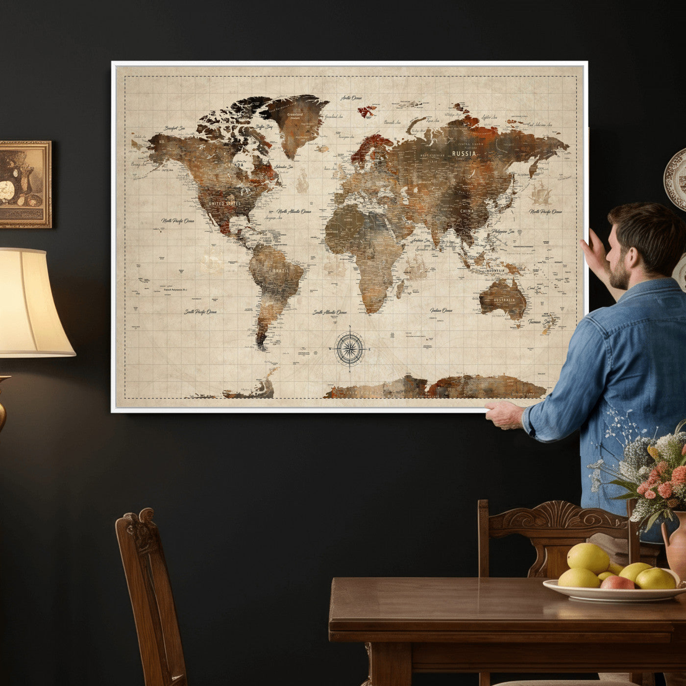 23610090-MGV-CV-36X24 - World Map Wall Art Canvas Print, Modern Decorative Framed Map Artwork Prints for Living Room, Office, Bedroom Wall Decor