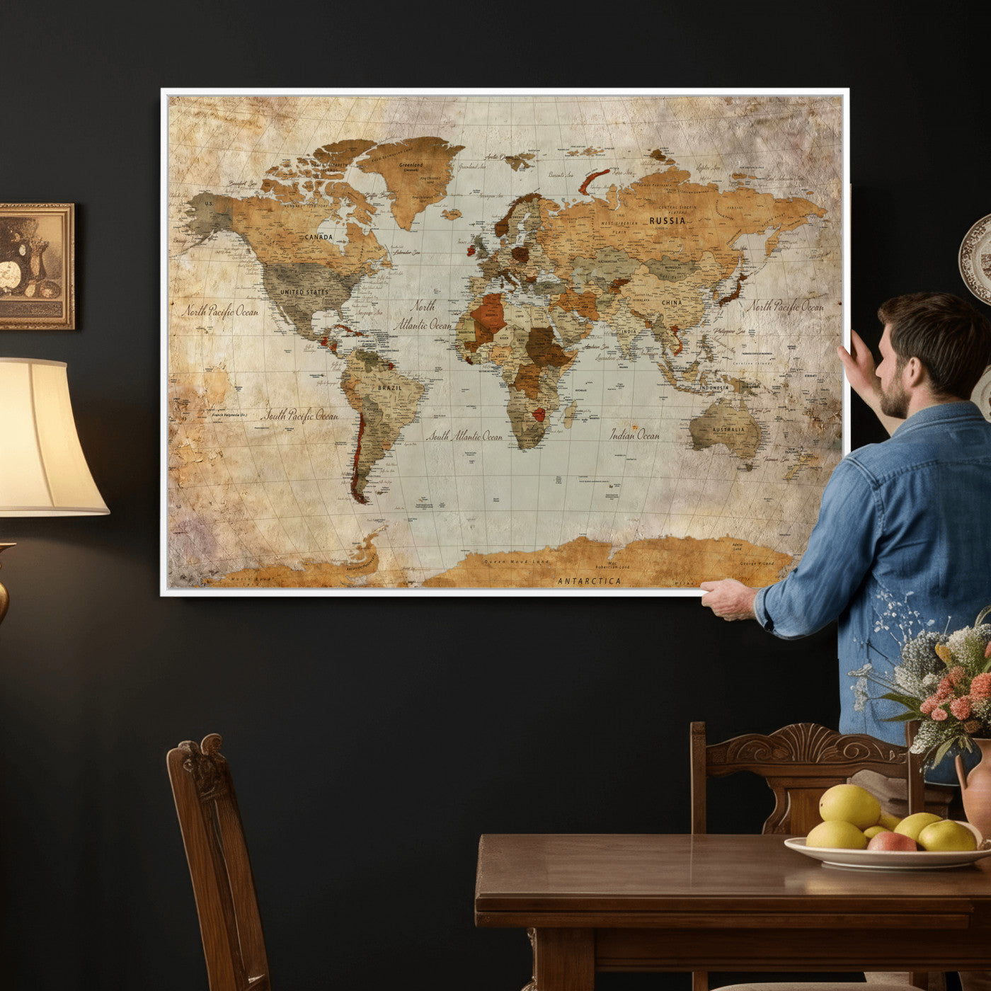 74176056-MGV-CV-36X24 - World Map Wall Art Canvas Print, Modern Decorative Framed Map Artwork Prints for Living Room, Office, Bedroom Wall Decor