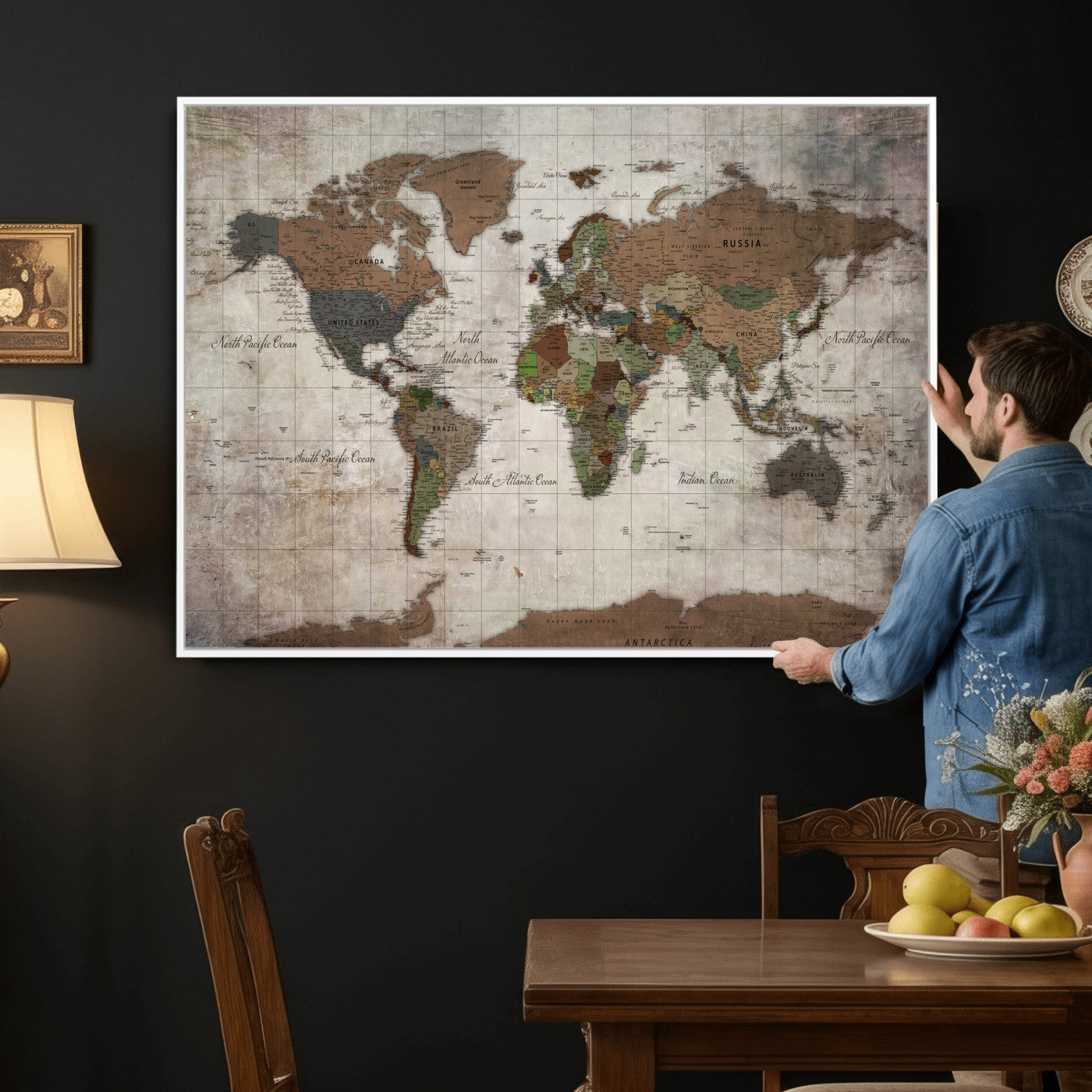 65393892-MGV-CV-36X24 - World Map Wall Art Canvas Print, Modern Decorative Framed Map Artwork Prints for Living Room, Office, Bedroom Wall Decor