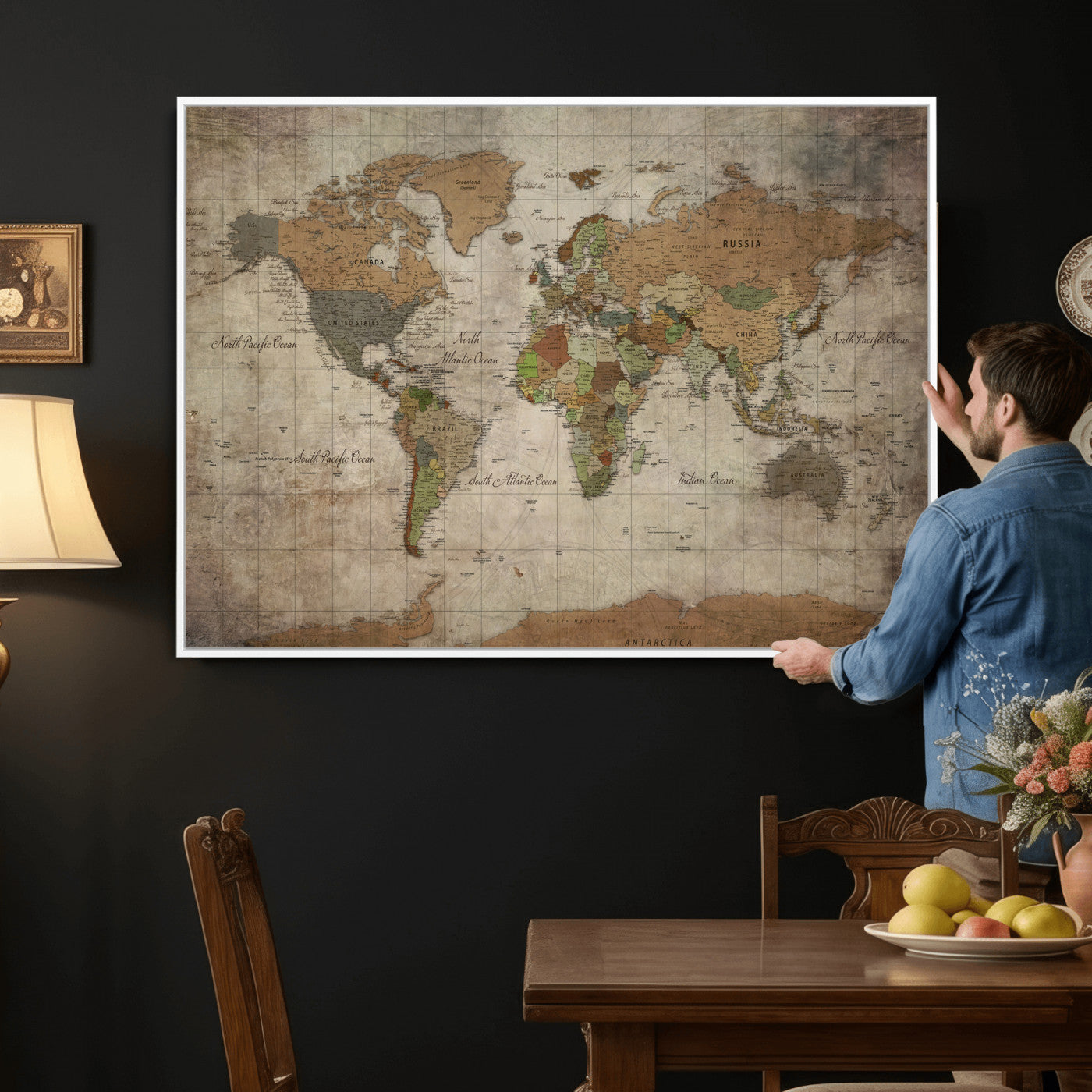 20356264-MGV-CV-36X24 - World Map Wall Art Canvas Print, Modern Decorative Framed Map Artwork Prints for Living Room, Office, Bedroom Wall Decor