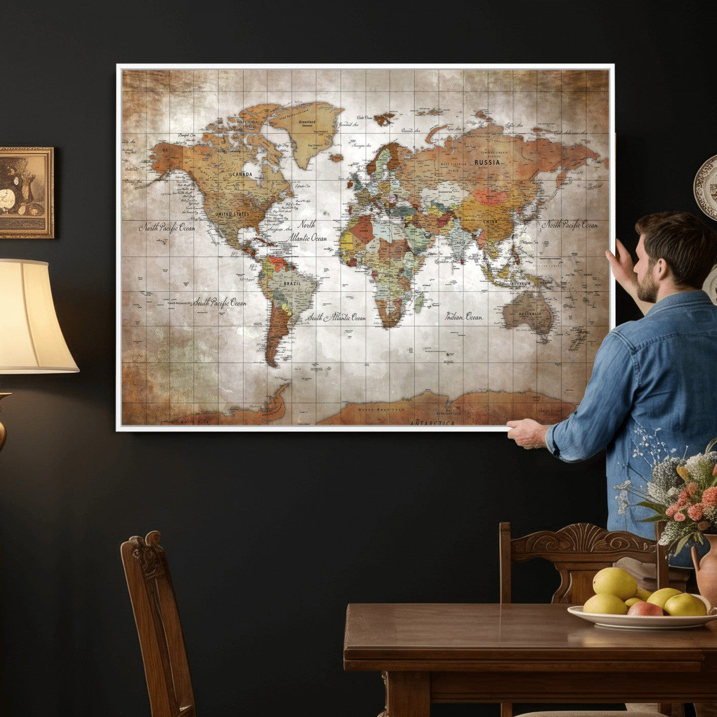 51643807-MGV-CV-36X24 - World Map Wall Art Canvas Print, Modern Decorative Framed Map Artwork Prints for Living Room, Office, Bedroom Wall Decor
