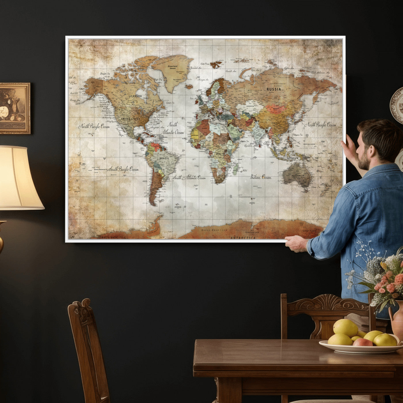 19855445-MGV-CV-36X24 - World Map Wall Art Canvas Print, Modern Decorative Framed Map Artwork Prints for Living Room, Office, Bedroom Wall Decor