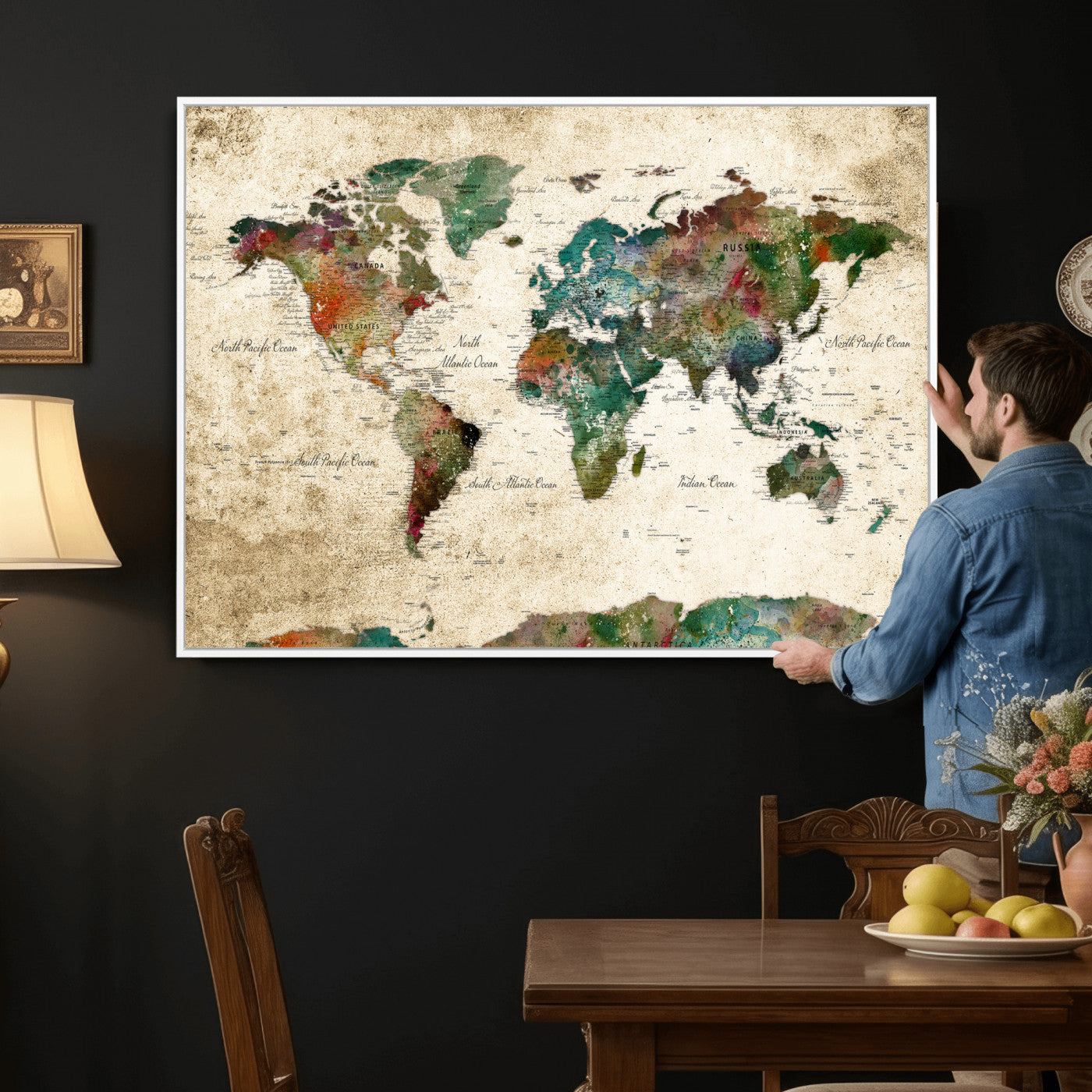 87544591-MGV-CV-36X24 - World Map Wall Art Canvas Print, Modern Decorative Framed Map Artwork Prints for Living Room, Office, Bedroom Wall Decor