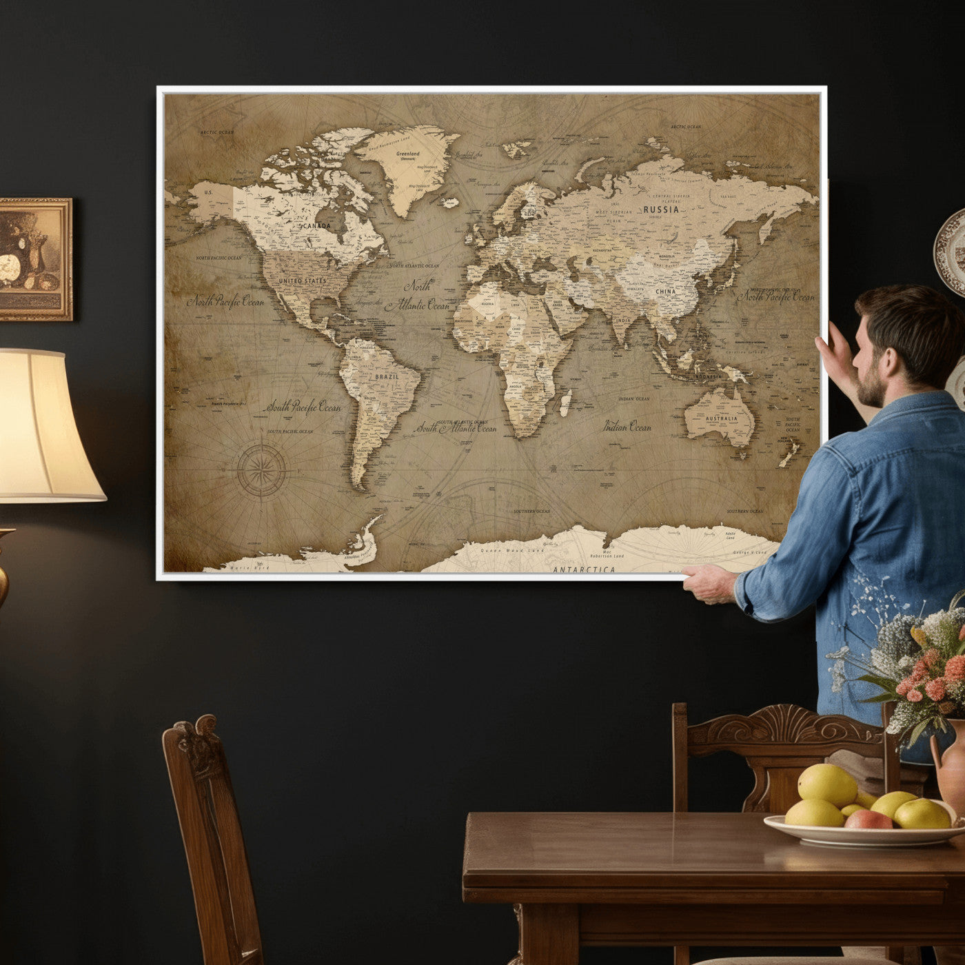 82314635-MGV-CV-36X24 - World Map Wall Art Canvas Print, Modern Decorative Framed Map Artwork Prints for Living Room, Office, Bedroom Wall Decor