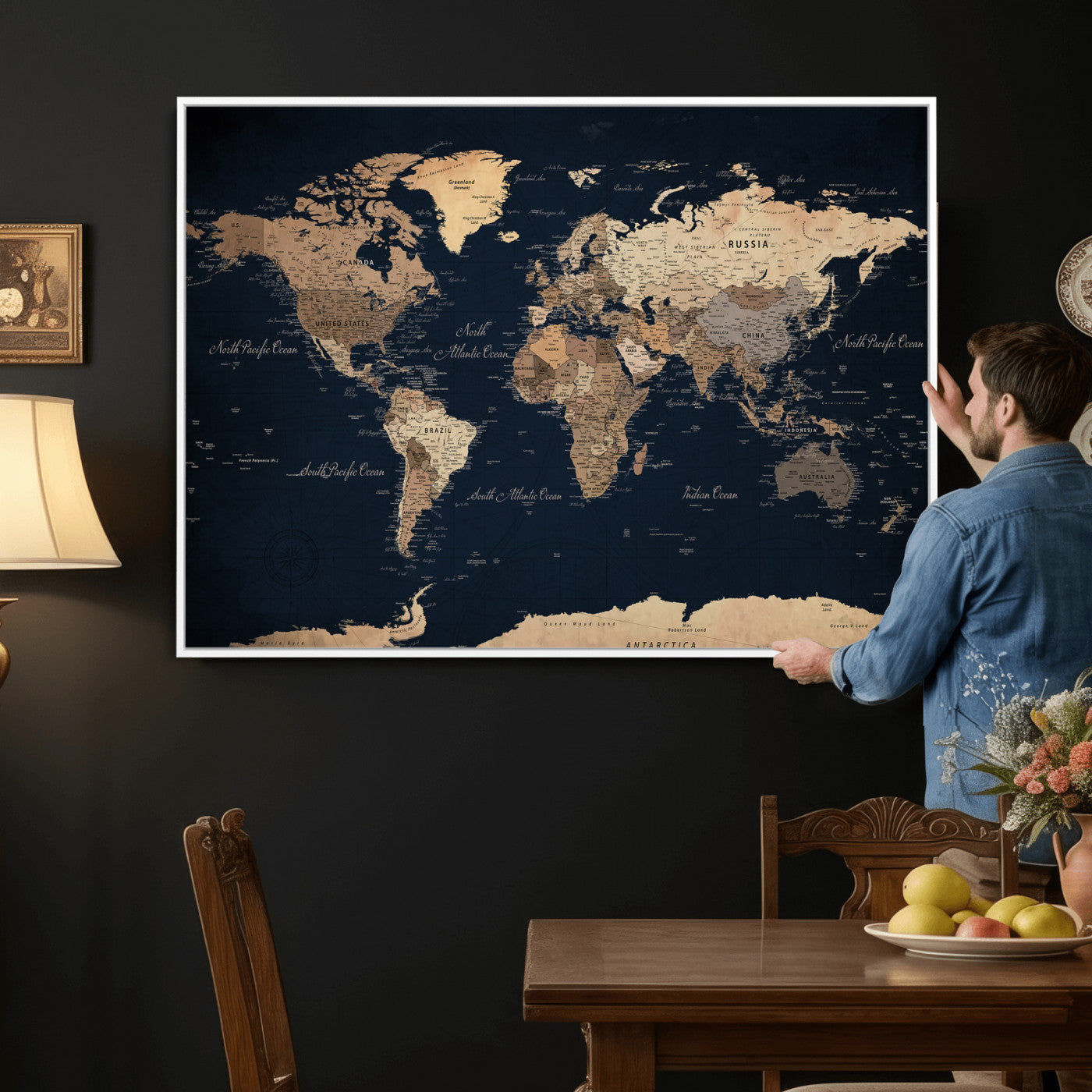 53971530-MGV-CV-36X24 - World Map Wall Art Canvas Print, Modern Decorative Framed Map Artwork Prints for Living Room, Office, Bedroom Wall Decor