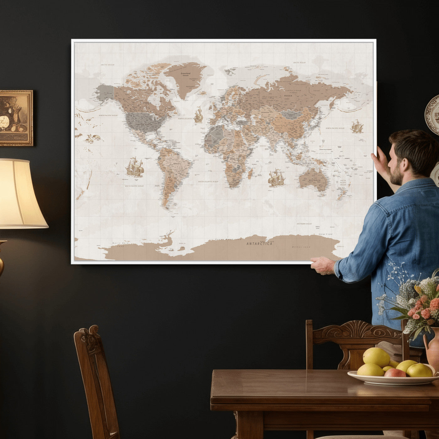 85057279-MGV-CV-36X24 - World Map Wall Art Canvas Print, Modern Decorative Framed Map Artwork Prints for Living Room, Office, Bedroom Wall Decor