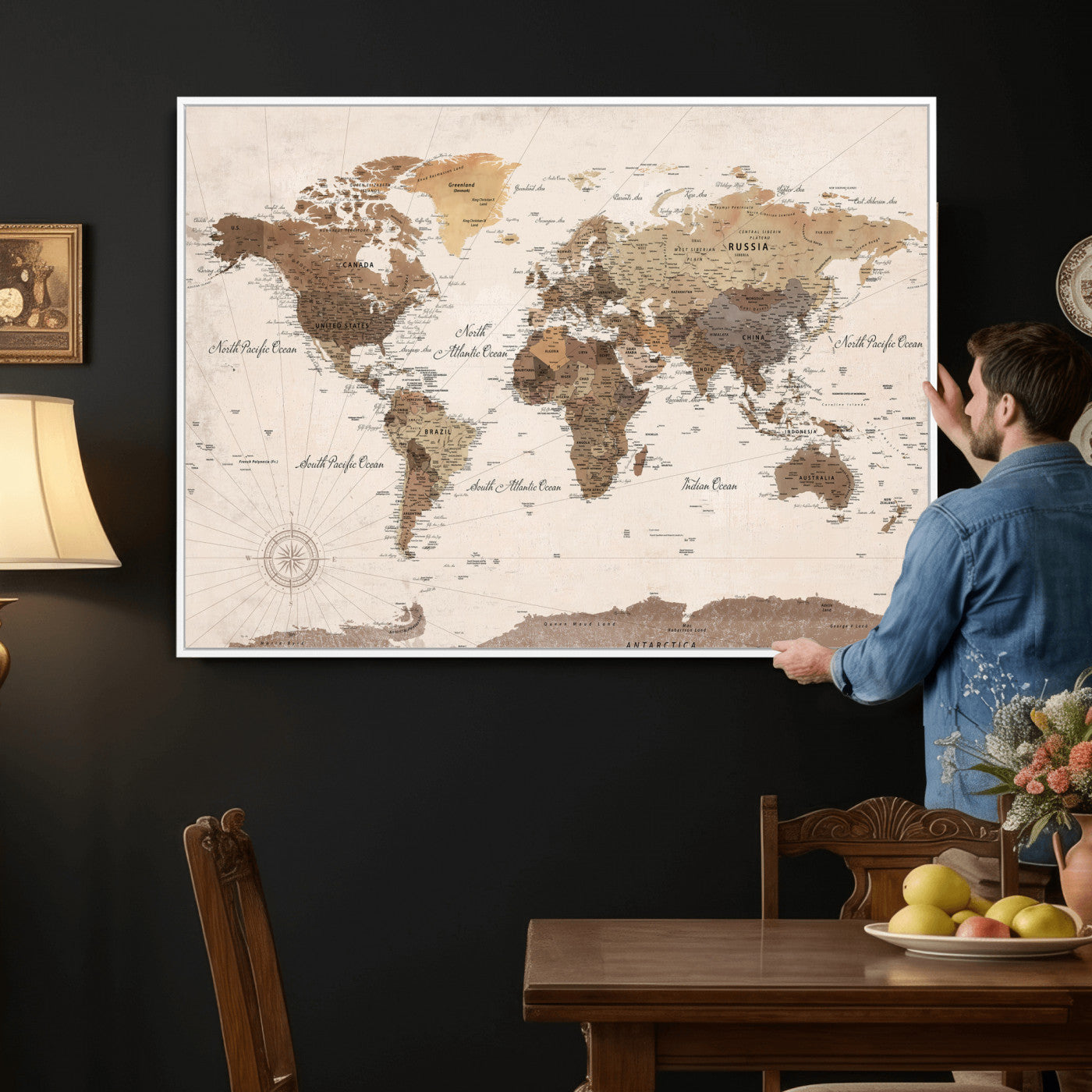 69860078-MGV-CV-36X24 - World Map Wall Art Canvas Print, Modern Decorative Framed Map Artwork Prints for Living Room, Office, Bedroom Wall Decor