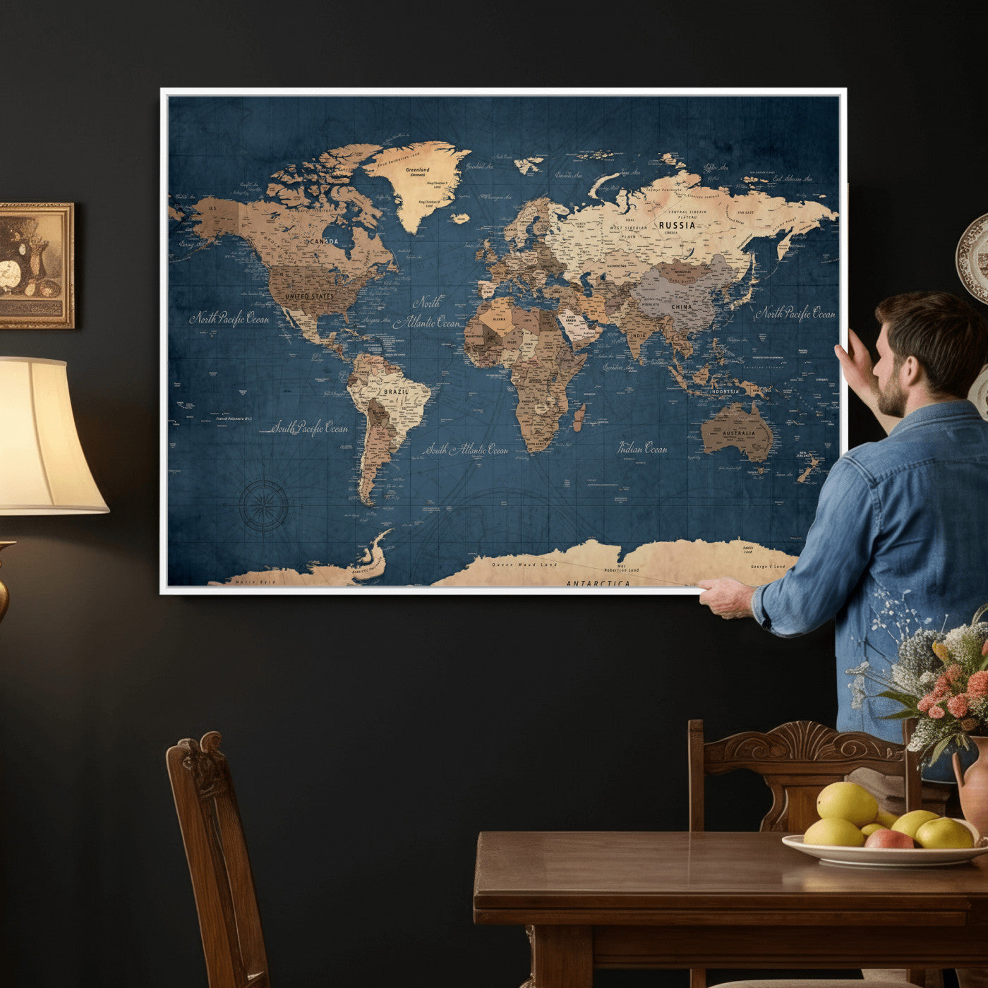 69886352-MGV-CV-36X24 - World Map Wall Art Canvas Print, Modern Decorative Framed Map Artwork Prints for Living Room, Office, Bedroom Wall Decor