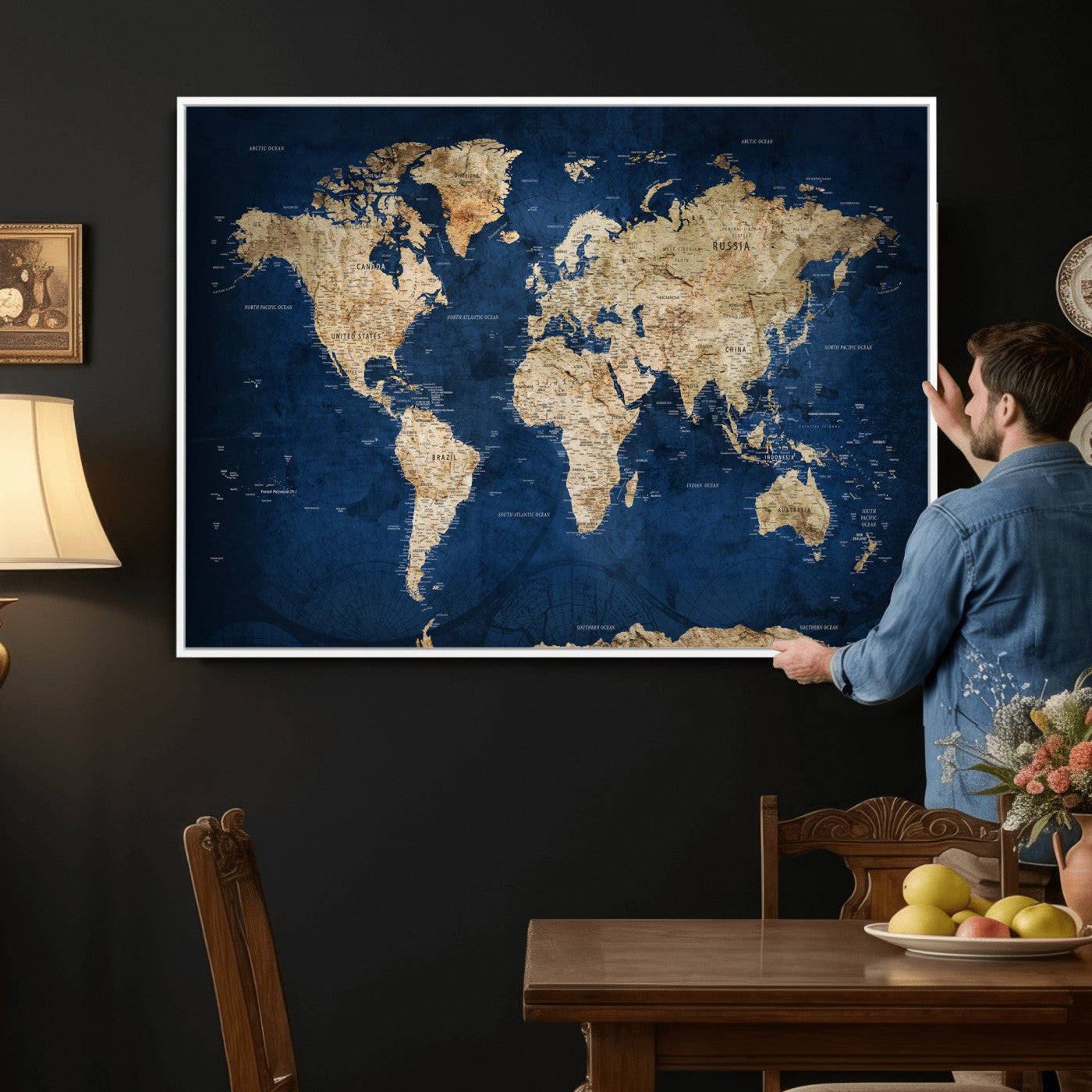 57503519-MGV-CV-36X24 - World Map Wall Art Canvas Print, Modern Decorative Framed Map Artwork Prints for Living Room, Office, Bedroom Wall Decor