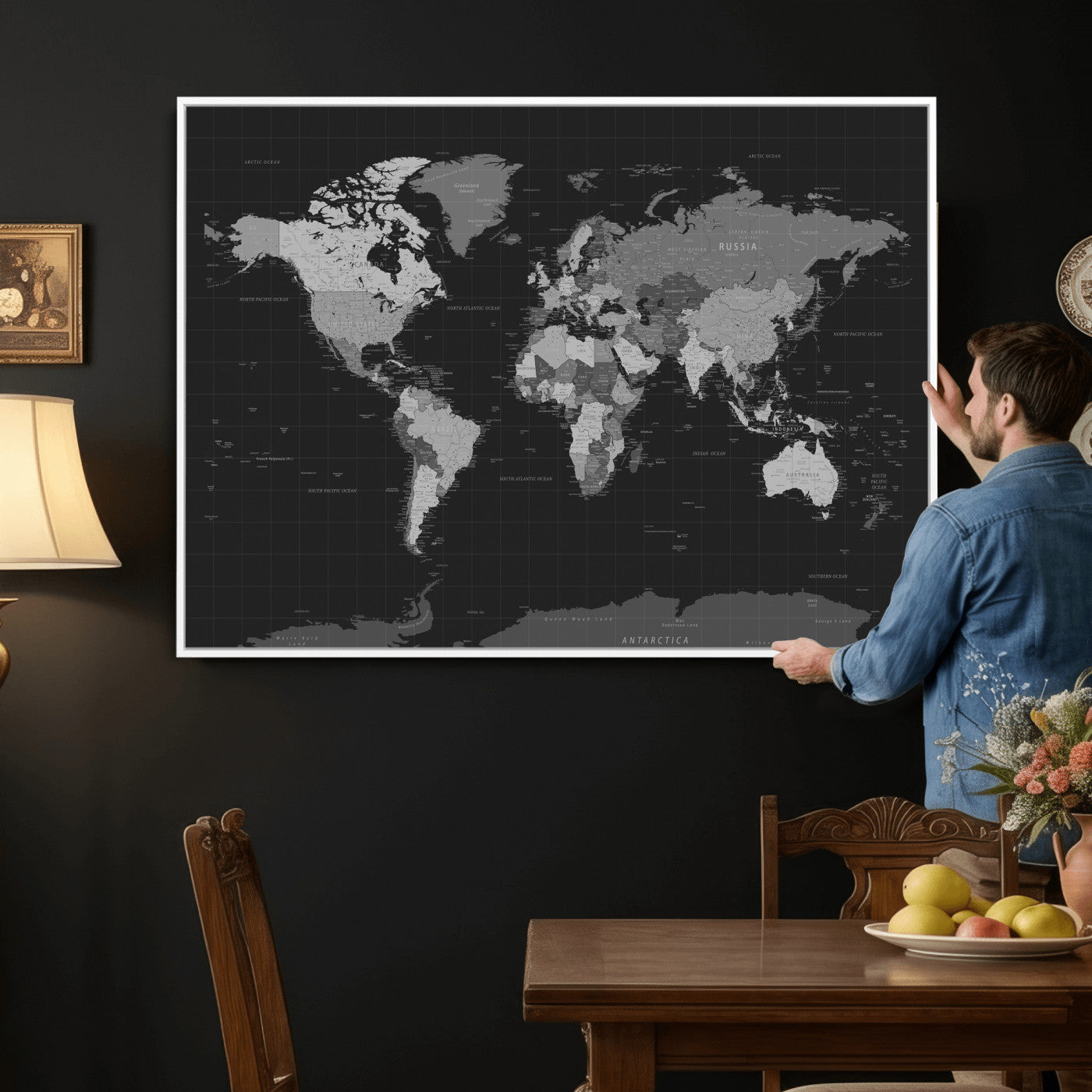 46160121-MGV-CV-36X24 - World Map Wall Art Canvas Print, Modern Decorative Framed Map Artwork Prints for Living Room, Office, Bedroom Wall Decor