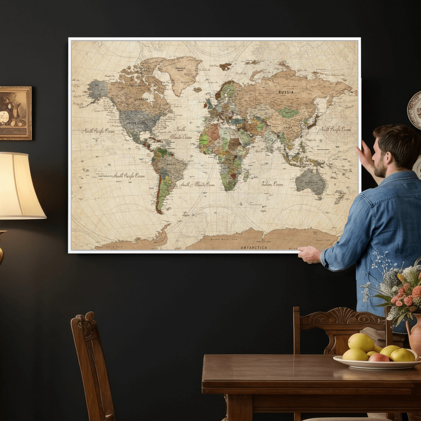 36735609-MGV-CV-36X24 - World Map Wall Art Canvas Print, Modern Decorative Framed Map Artwork Prints for Living Room, Office, Bedroom Wall Decor