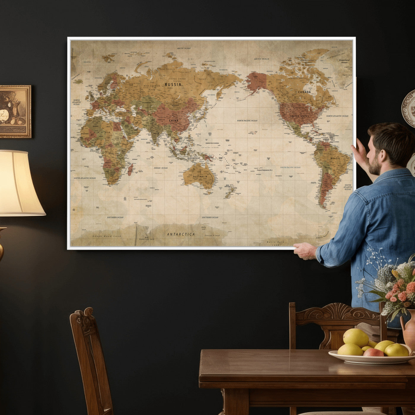 83478963-MGV-CV-36X24 - World Map Wall Art Canvas Print, Modern Decorative Framed Map Artwork Prints for Living Room, Office, Bedroom Wall Decor
