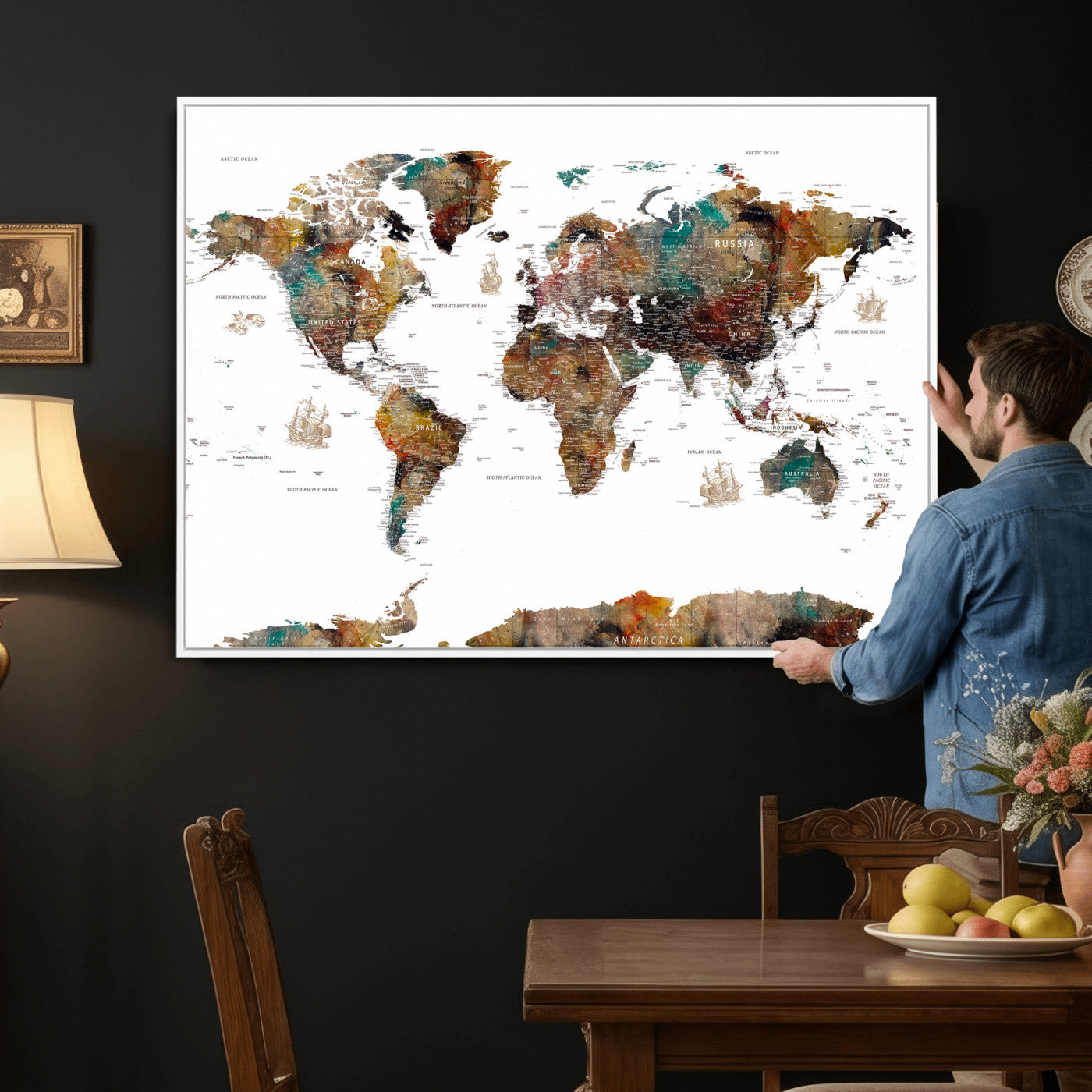 82293175-MGV-CV-36X24 - World Map Wall Art Canvas Print, Modern Decorative Framed Map Artwork Prints for Living Room, Office, Bedroom Wall Decor
