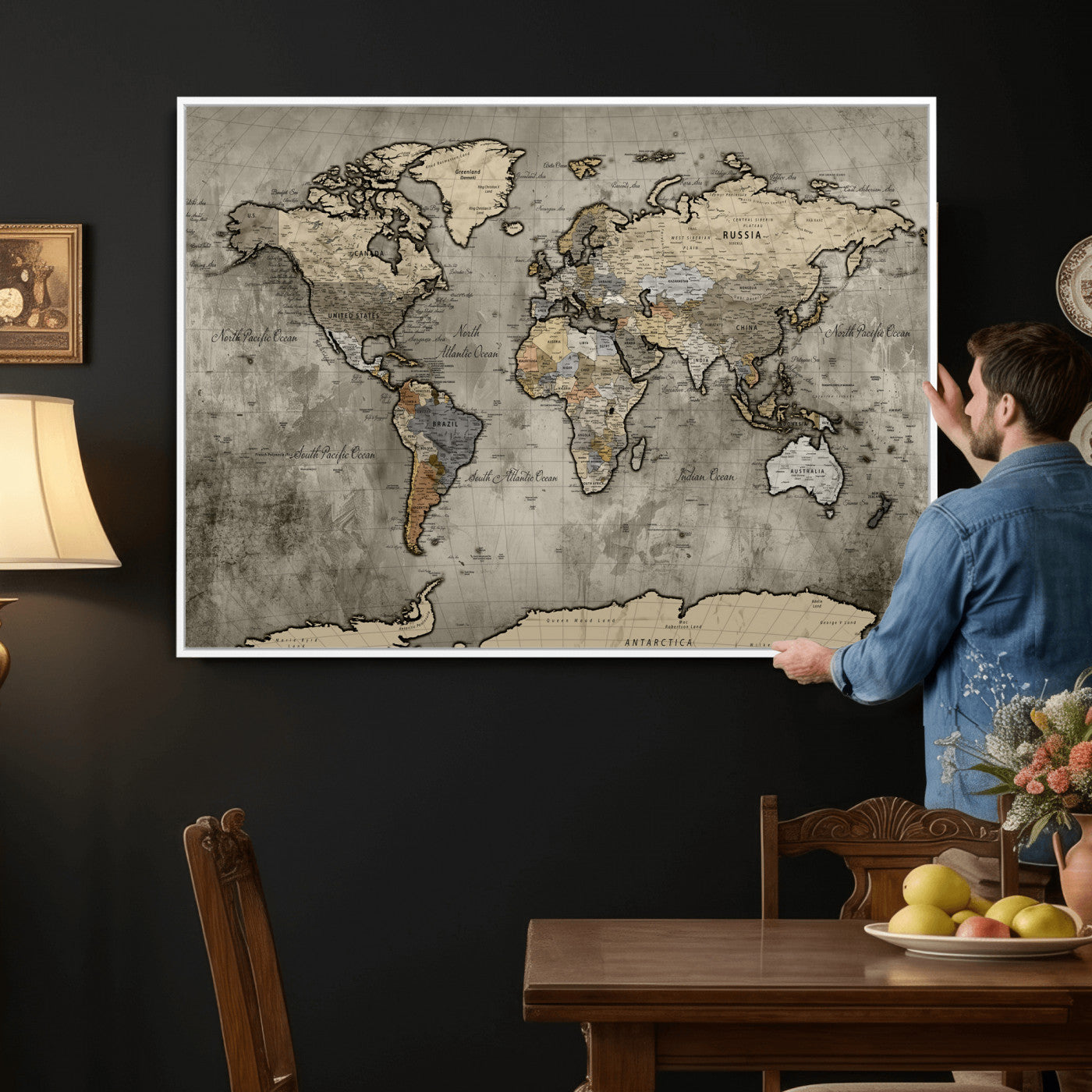 85218700-MGV-CV-36X24 - World Map Wall Art Canvas Print, Modern Decorative Framed Map Artwork Prints for Living Room, Office, Bedroom Wall Decor