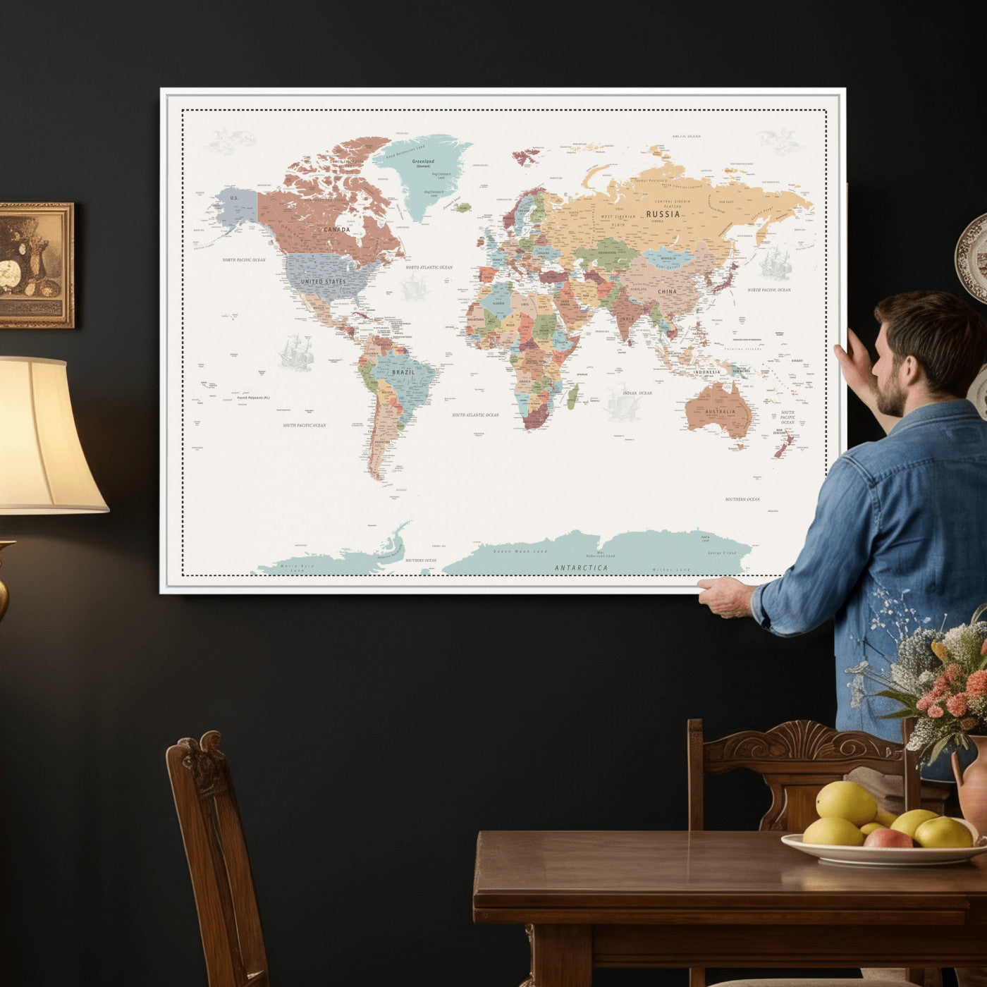63447567-MGV-CV-36X24 - World Map Wall Art Canvas Print, Modern Decorative Framed Map Artwork Prints for Living Room, Office, Bedroom Wall Decor
