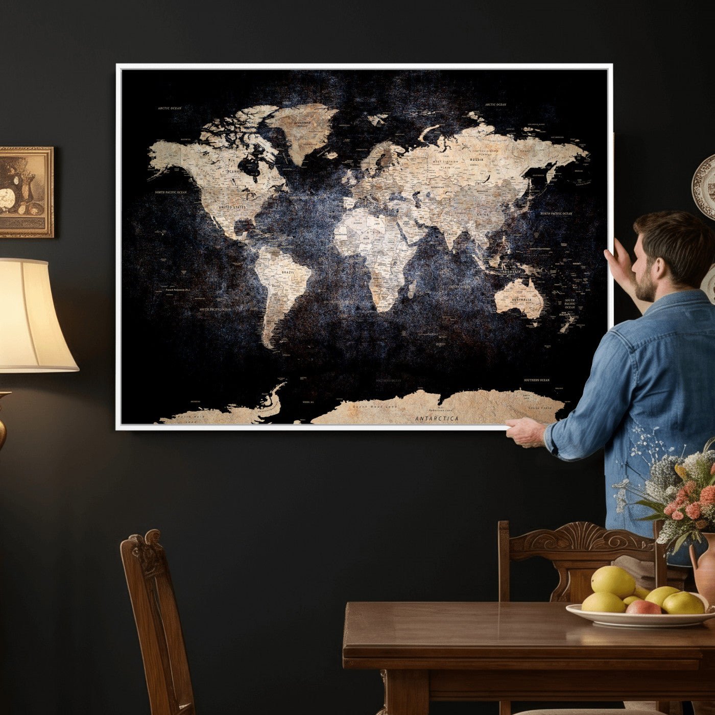 56713386-MGV-CV-36X24 - World Map Wall Art Canvas Print, Modern Decorative Framed Map Artwork Prints for Living Room, Office, Bedroom Wall Decor