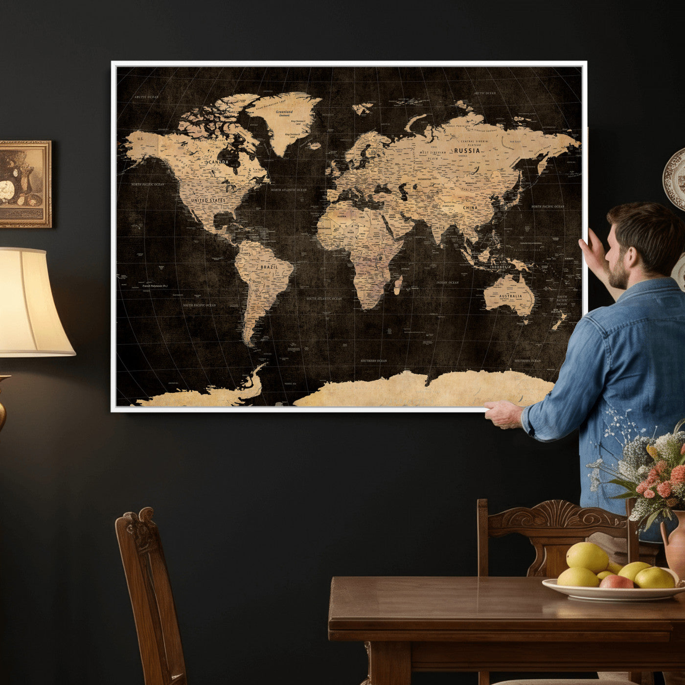 17790470-MGV-CV-36X24 - World Map Wall Art Canvas Print, Modern Decorative Framed Map Artwork Prints for Living Room, Office, Bedroom Wall Decor
