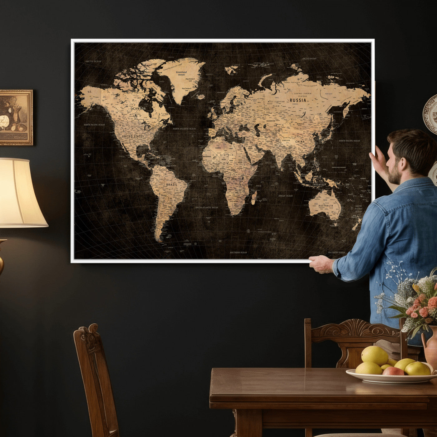 15118265-MGV-CV-36X24 - World Map Wall Art Canvas Print, Modern Decorative Framed Map Artwork Prints for Living Room, Office, Bedroom Wall Decor