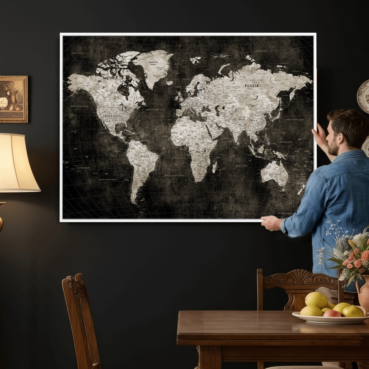 94581666-MGV-CV-36X24 - World Map Wall Art Canvas Print, Modern Decorative Framed Map Artwork Prints for Living Room, Office, Bedroom Wall Decor