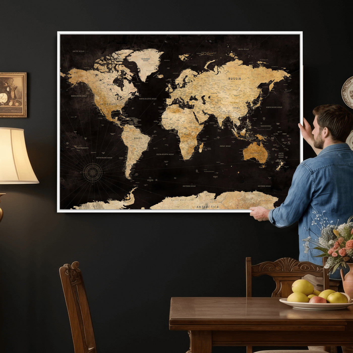 70468159-MGV-CV-36X24 - World Map Wall Art Canvas Print, Modern Decorative Framed Map Artwork Prints for Living Room, Office, Bedroom Wall Decor