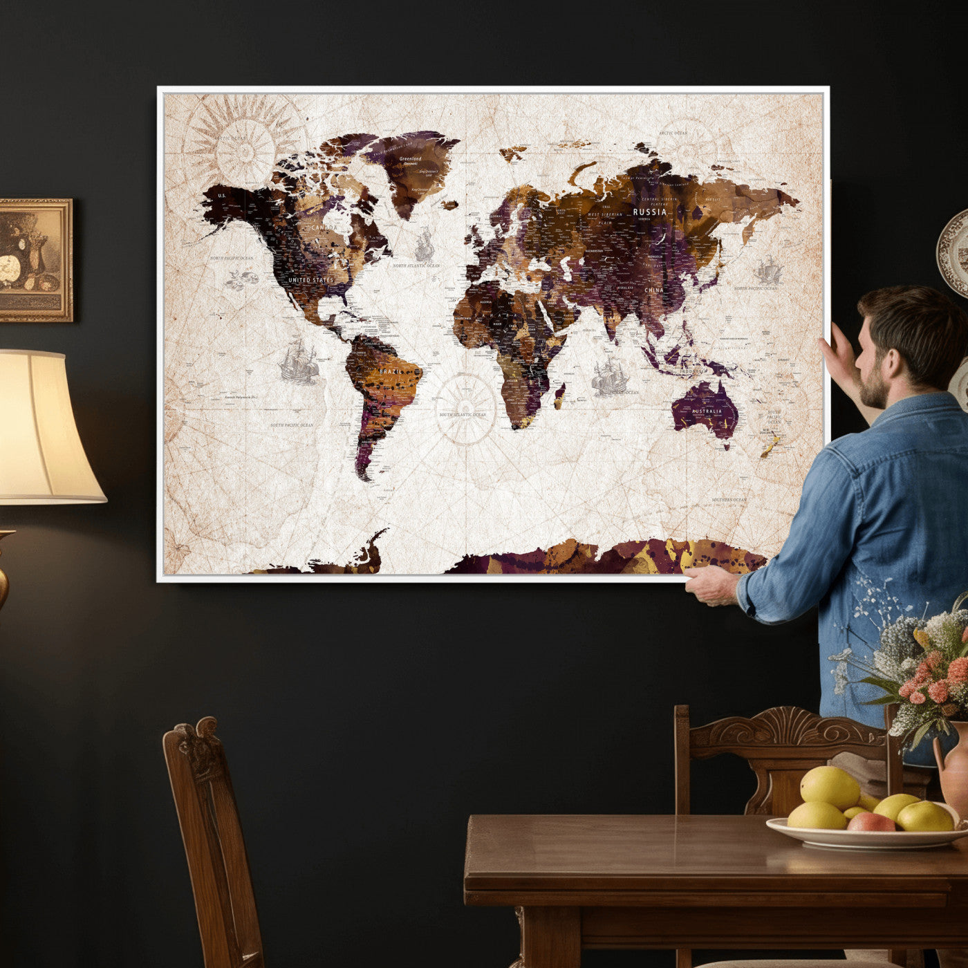 53400857-MGV-CV-36X24 - World Map Wall Art Canvas Print, Modern Decorative Framed Map Artwork Prints for Living Room, Office, Bedroom Wall Decor