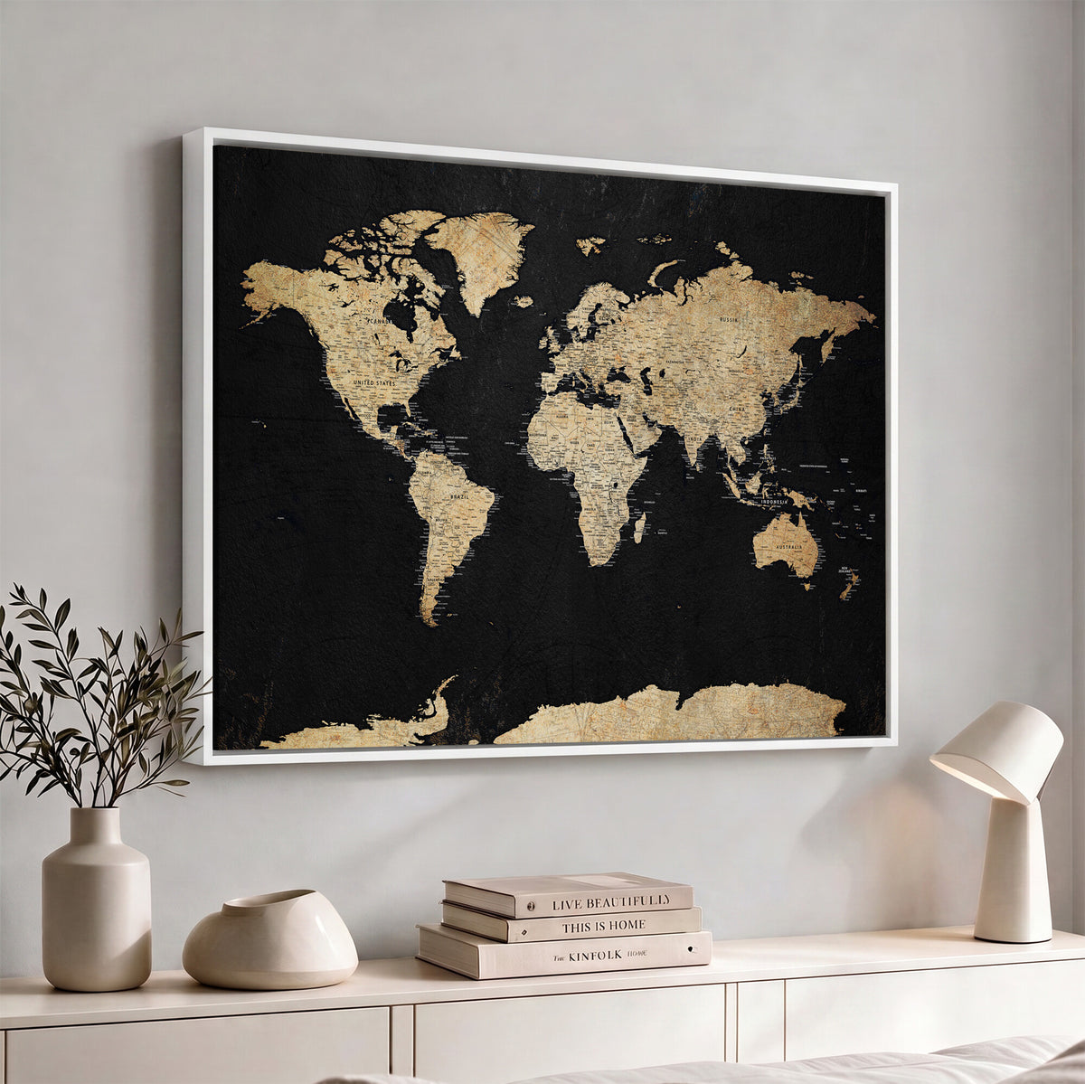 71518849-MGV-CV-36X24 - Beige World Map Canvas Wall Art Print, Minimal Black and