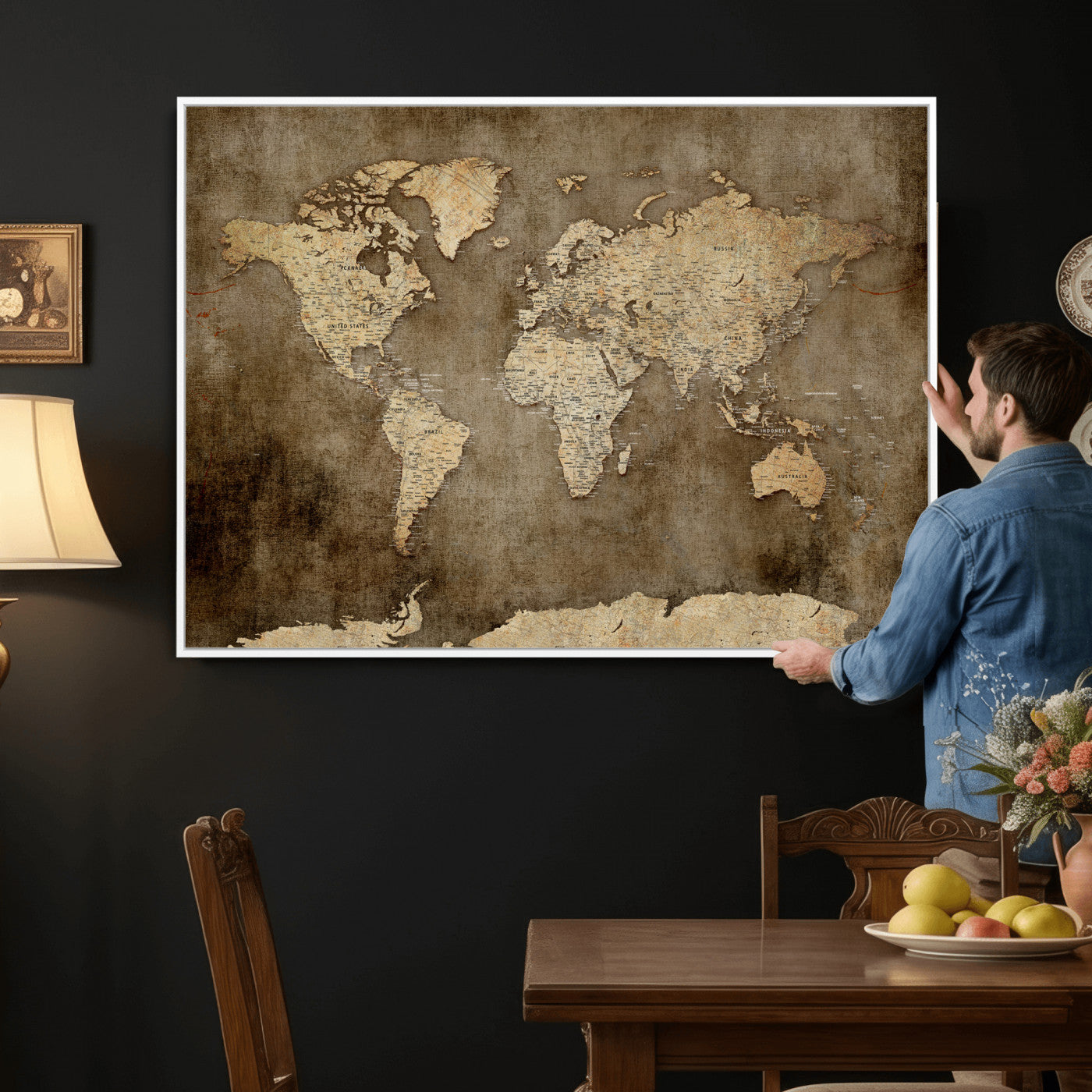 35847542-MGV-CV-36X24 - World Map Wall Art Canvas Print, Modern Decorative Framed Map Artwork Prints for Living Room, Office, Bedroom Wall Decor