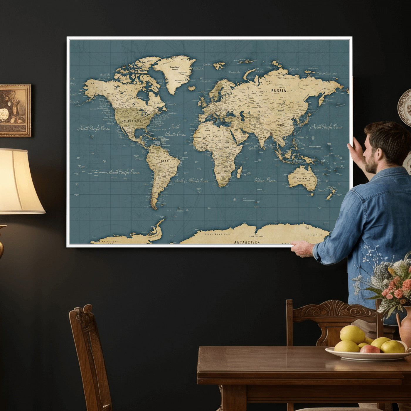 99599383-MGV-CV-36X24 - World Map Wall Art Canvas Print, Modern Decorative Framed Map Artwork Prints for Living Room, Office, Bedroom Wall Decor