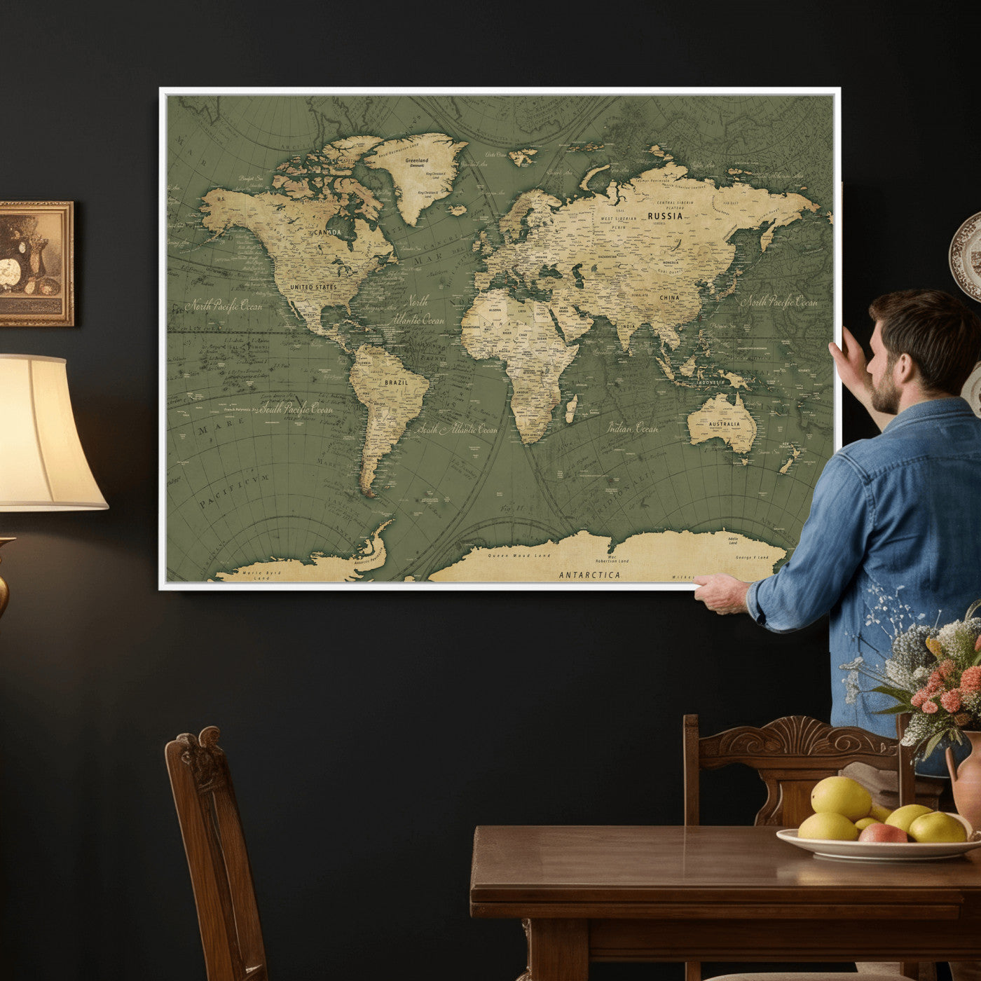 75846040-MGV-CV-36X24 - World Map Wall Art Canvas Print, Modern Decorative Framed Map Artwork Prints for Living Room, Office, Bedroom Wall Decor