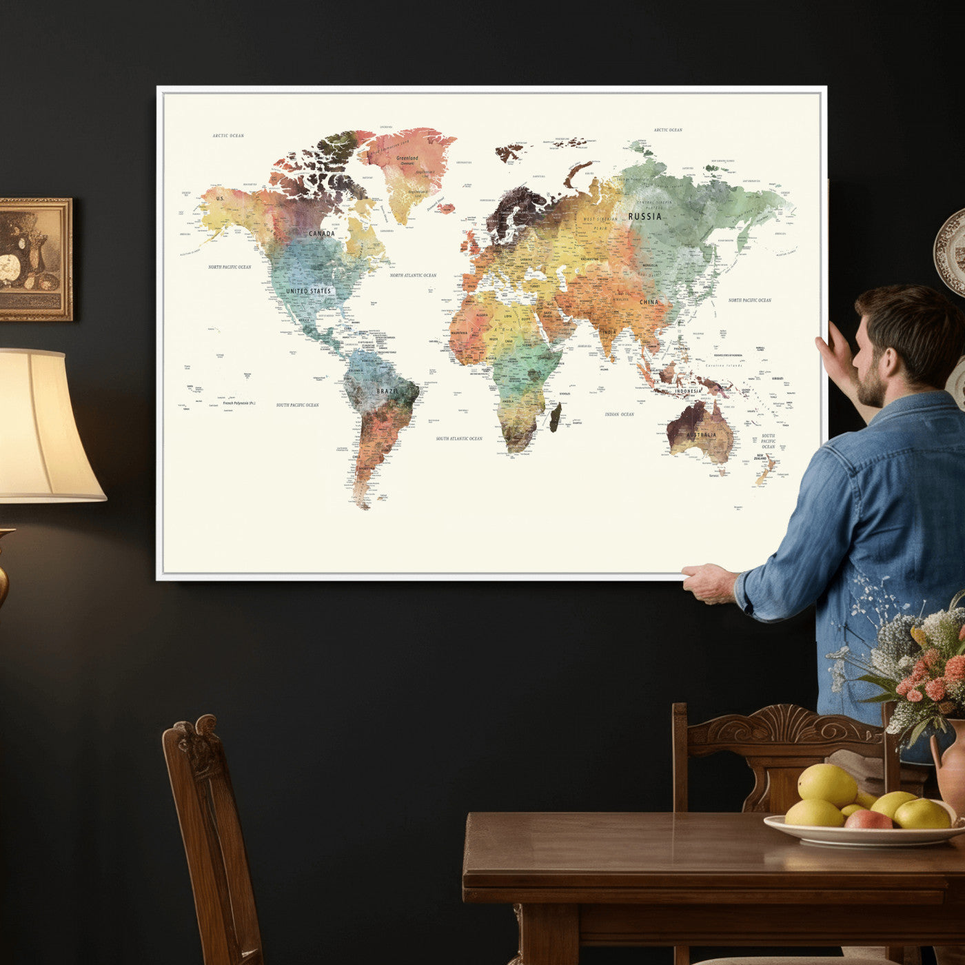 64206059-MGV-CV-36X24 - World Map Wall Art Canvas Print, Modern Decorative Framed Map Artwork Prints for Living Room, Office, Bedroom Wall Decor