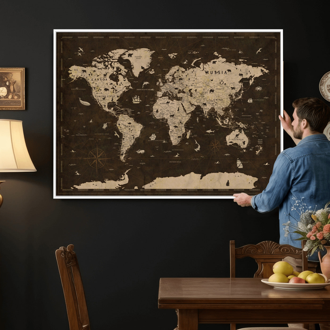 44276398-MGV-CV-36X24 - World Map Wall Art Canvas Print, Modern Decorative Framed Map Artwork Prints for Living Room, Office, Bedroom Wall Decor