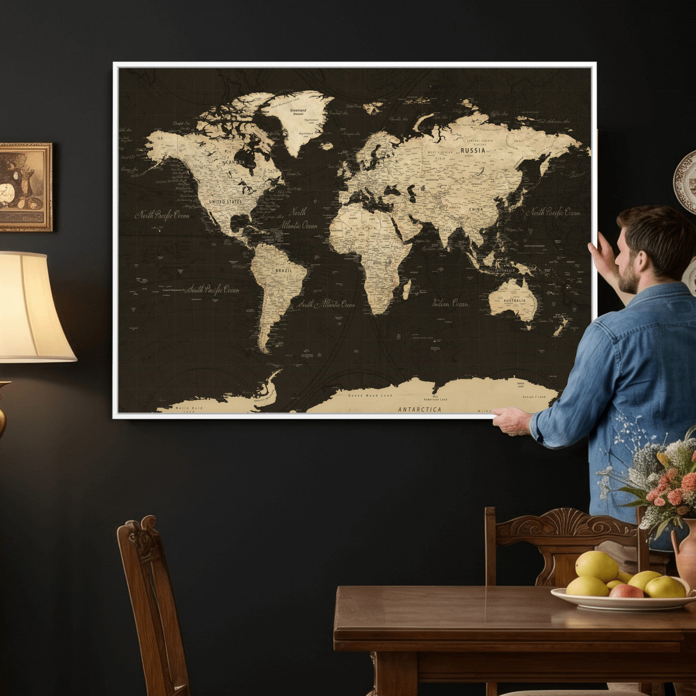 89024244-MGV-CV-36X24 - World Map Wall Art Canvas Print, Modern Decorative Framed Map Artwork Prints for Living Room, Office, Bedroom Wall Decor
