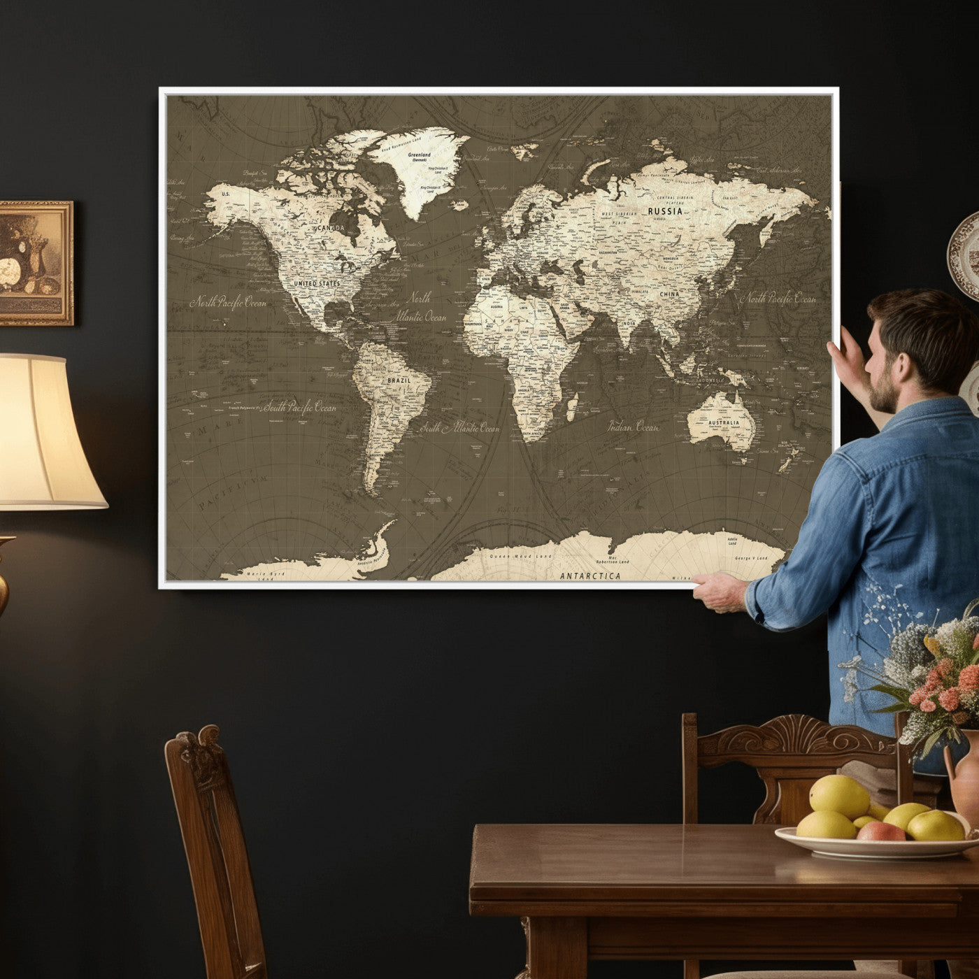 33202610-MGV-CV-36X24 - World Map Wall Art Canvas Print, Modern Decorative Framed Map Artwork Prints for Living Room, Office, Bedroom Wall Decor
