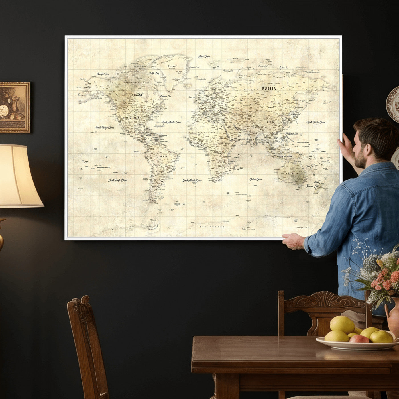 17101439-MGV-CV-36X24 - World Map Wall Art Canvas Print, Modern Decorative Framed Map Artwork Prints for Living Room, Office, Bedroom Wall Decor