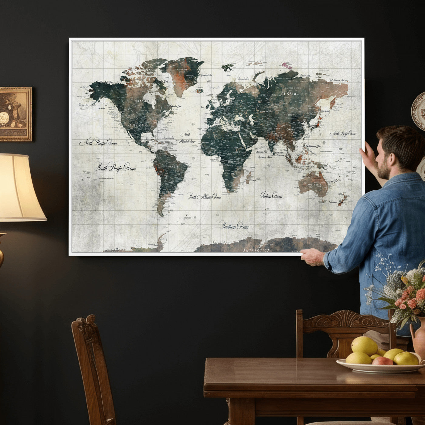 91179593-MGV-CV-36X24 - World Map Wall Art Canvas Print, Modern Decorative Framed Map Artwork Prints for Living Room, Office, Bedroom Wall Decor