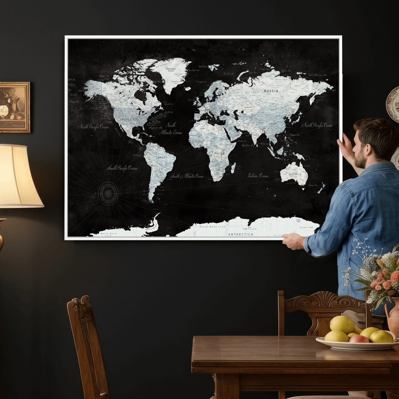 28664806-MGV-CV-36X24 - World Map Wall Art Canvas Print, Modern Decorative Framed Map Artwork Prints for Living Room, Office, Bedroom Wall Decor