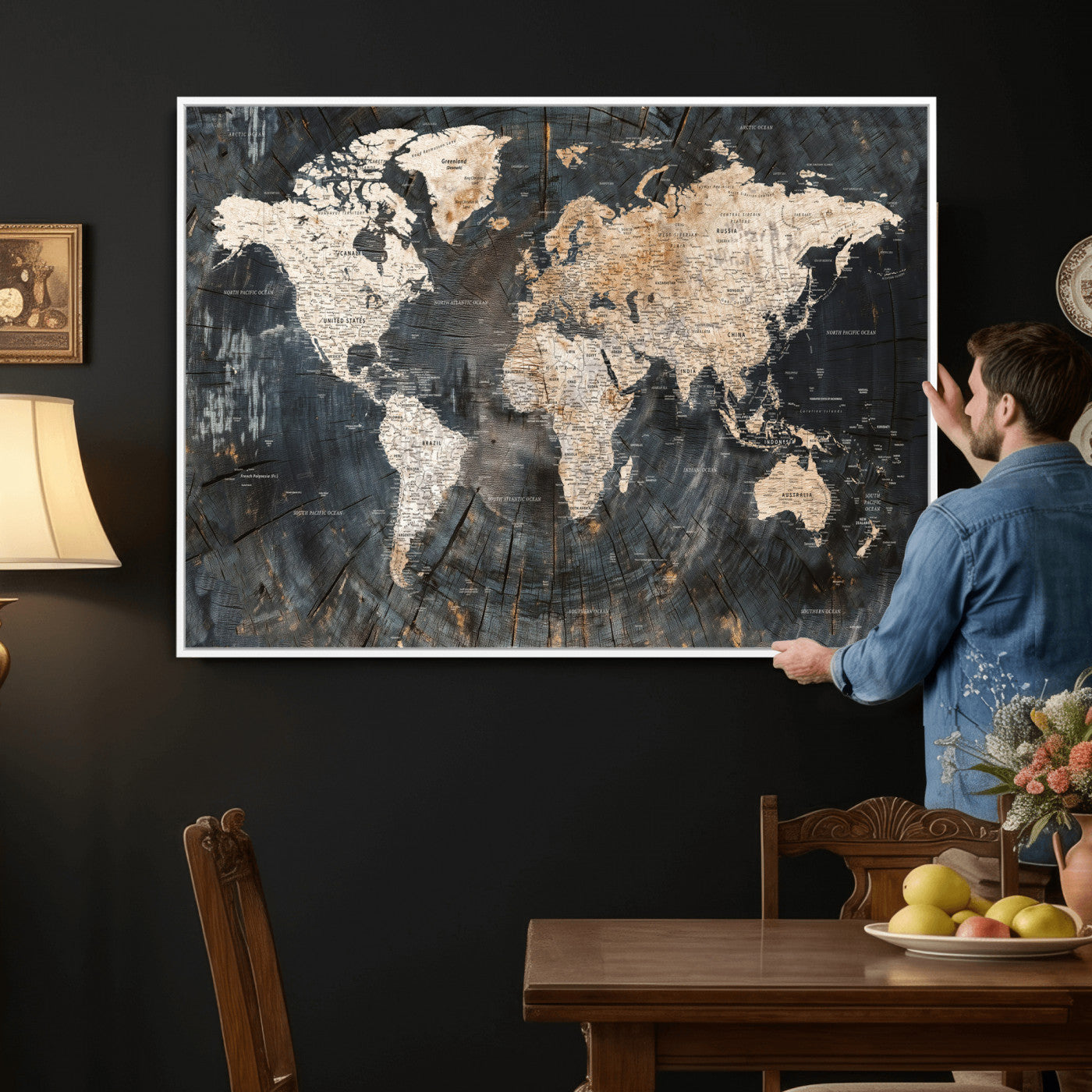 89162112-MGV-CV-36X24 - World Map Wall Art Canvas Print, Modern Decorative Framed Map Artwork Prints for Living Room, Office, Bedroom Wall Decor