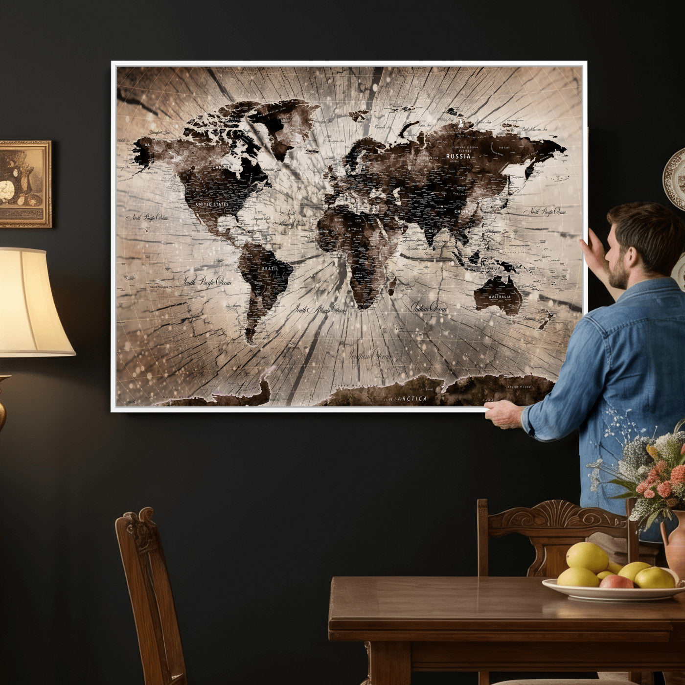 94623295-MGV-CV-36X24 - World Map Wall Art Canvas Print, Modern Decorative Framed Map Artwork Prints for Living Room, Office, Bedroom Wall Decor