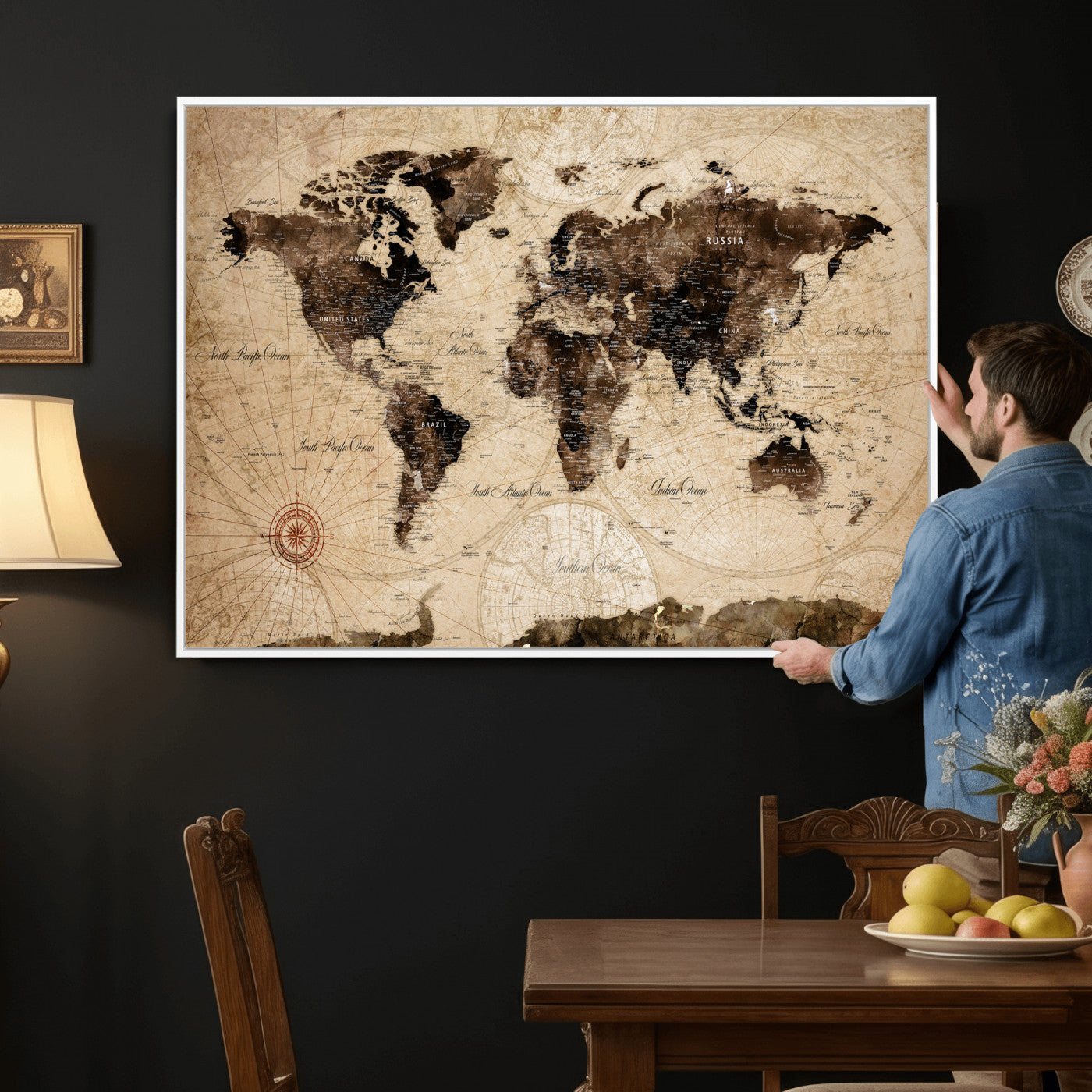 47657418-MGV-CV-36X24 - World Map Wall Art Canvas Print, Modern Decorative Framed Map Artwork Prints for Living Room, Office, Bedroom Wall Decor