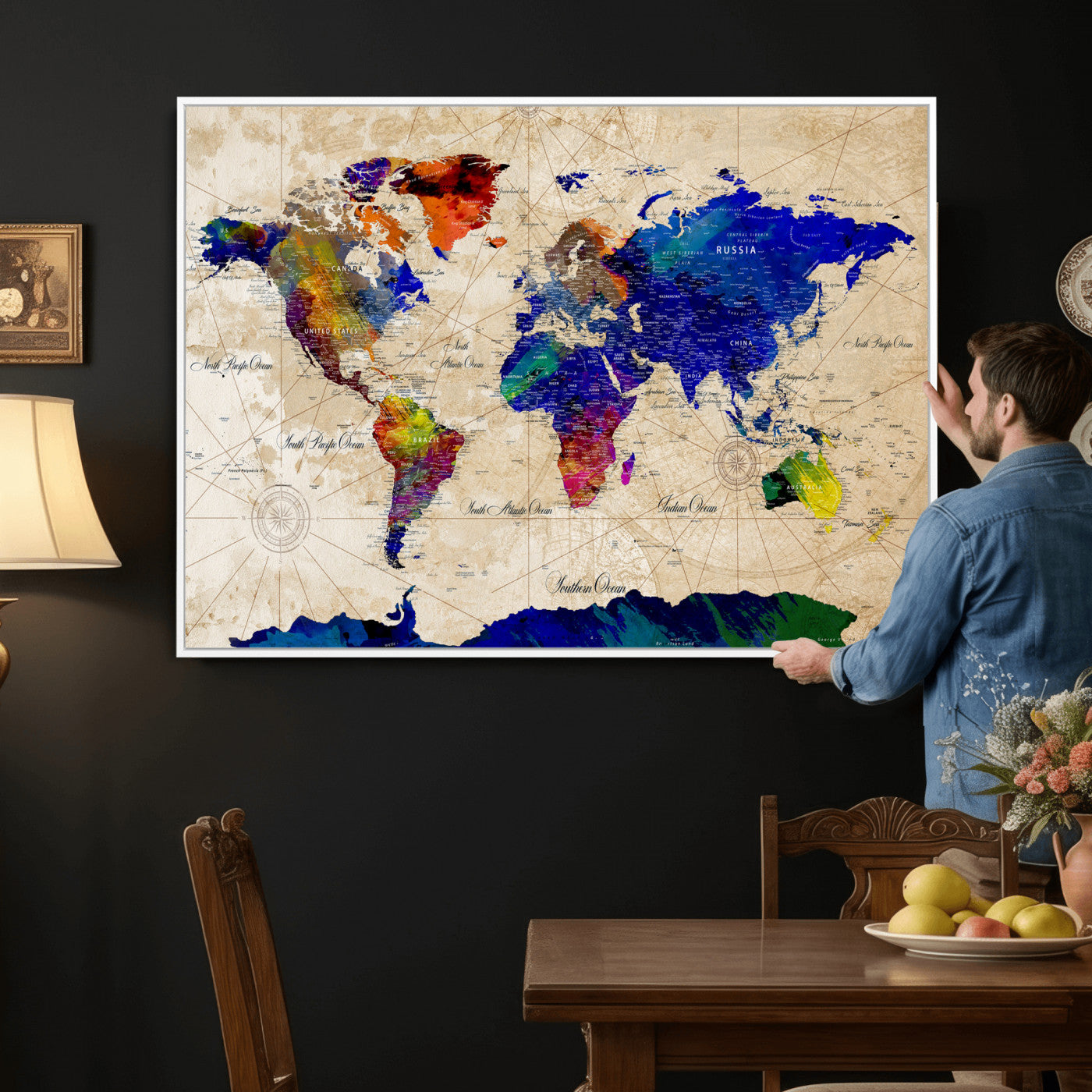 26284075-MGV-CV-36X24 - World Map Wall Art Canvas Print, Modern Decorative Framed Map Artwork Prints for Living Room, Office, Bedroom Wall Decor