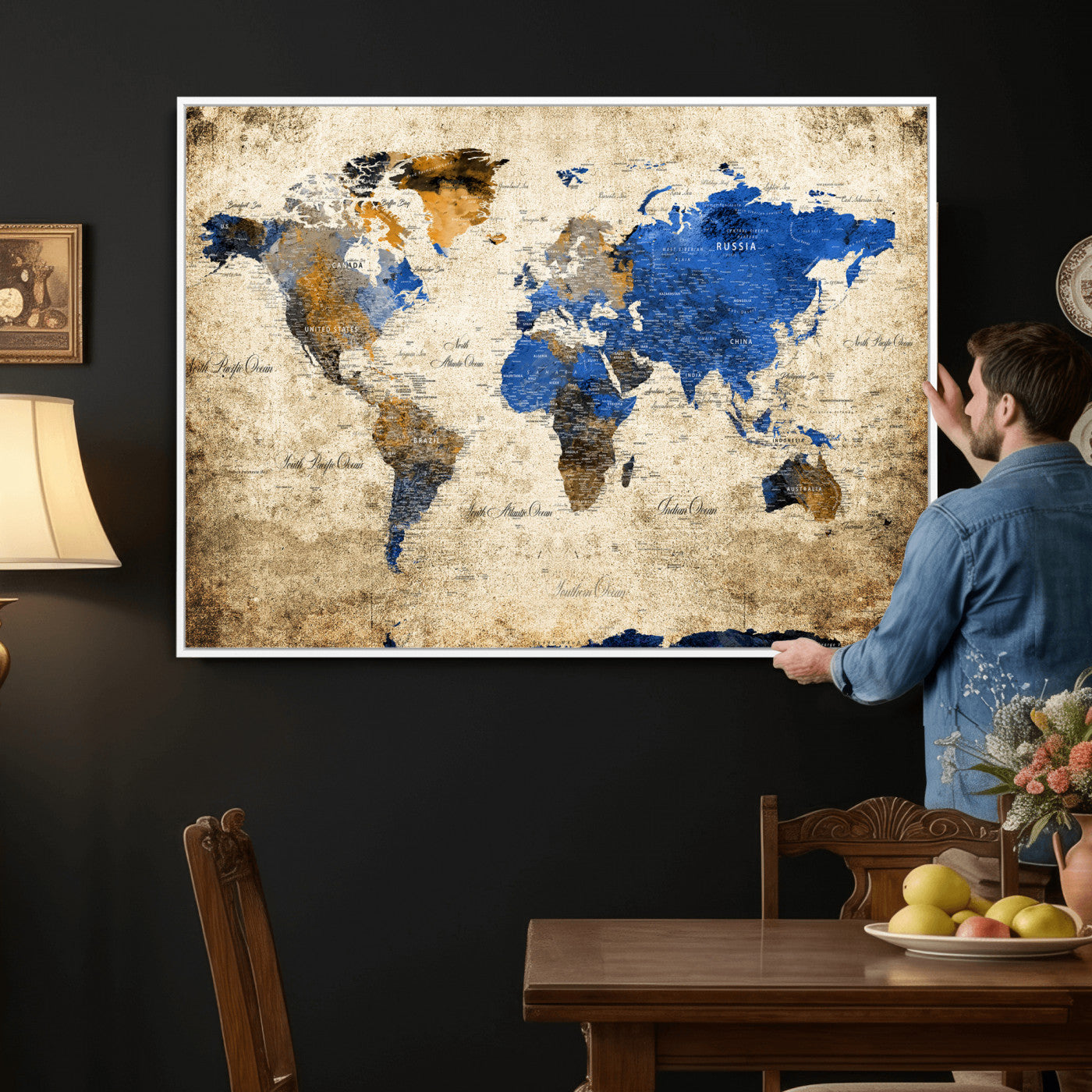 27314341-MGV-CV-36X24 - World Map Wall Art Canvas Print, Modern Decorative Framed Map Artwork Prints for Living Room, Office, Bedroom Wall Decor