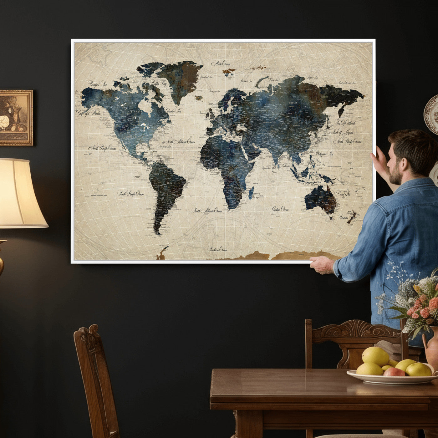 72927803-MGV-CV-36X24 - World Map Wall Art Canvas Print, Modern Decorative Framed Map Artwork Prints for Living Room, Office, Bedroom Wall Decor