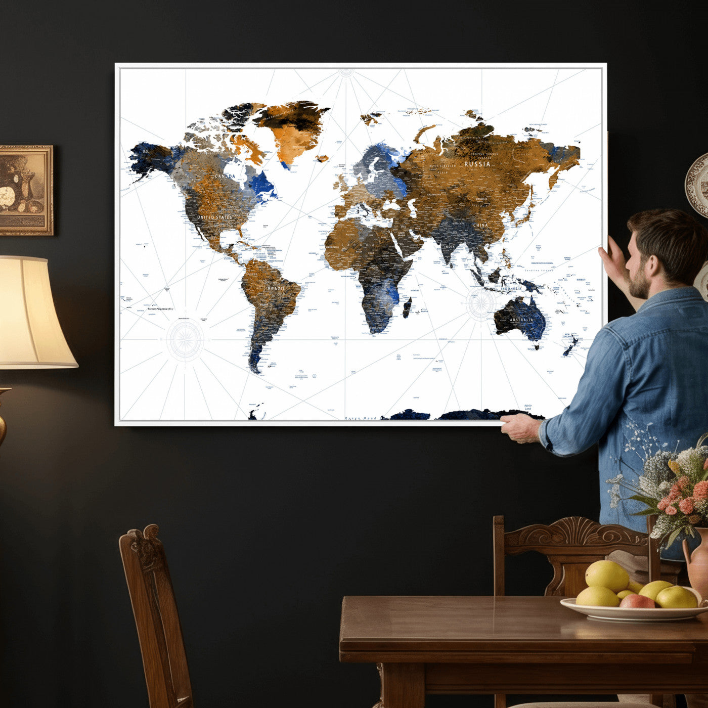56364879-MGV-CV-36X24 - World Map Wall Art Canvas Print, Modern Decorative Framed Map Artwork Prints for Living Room Decor