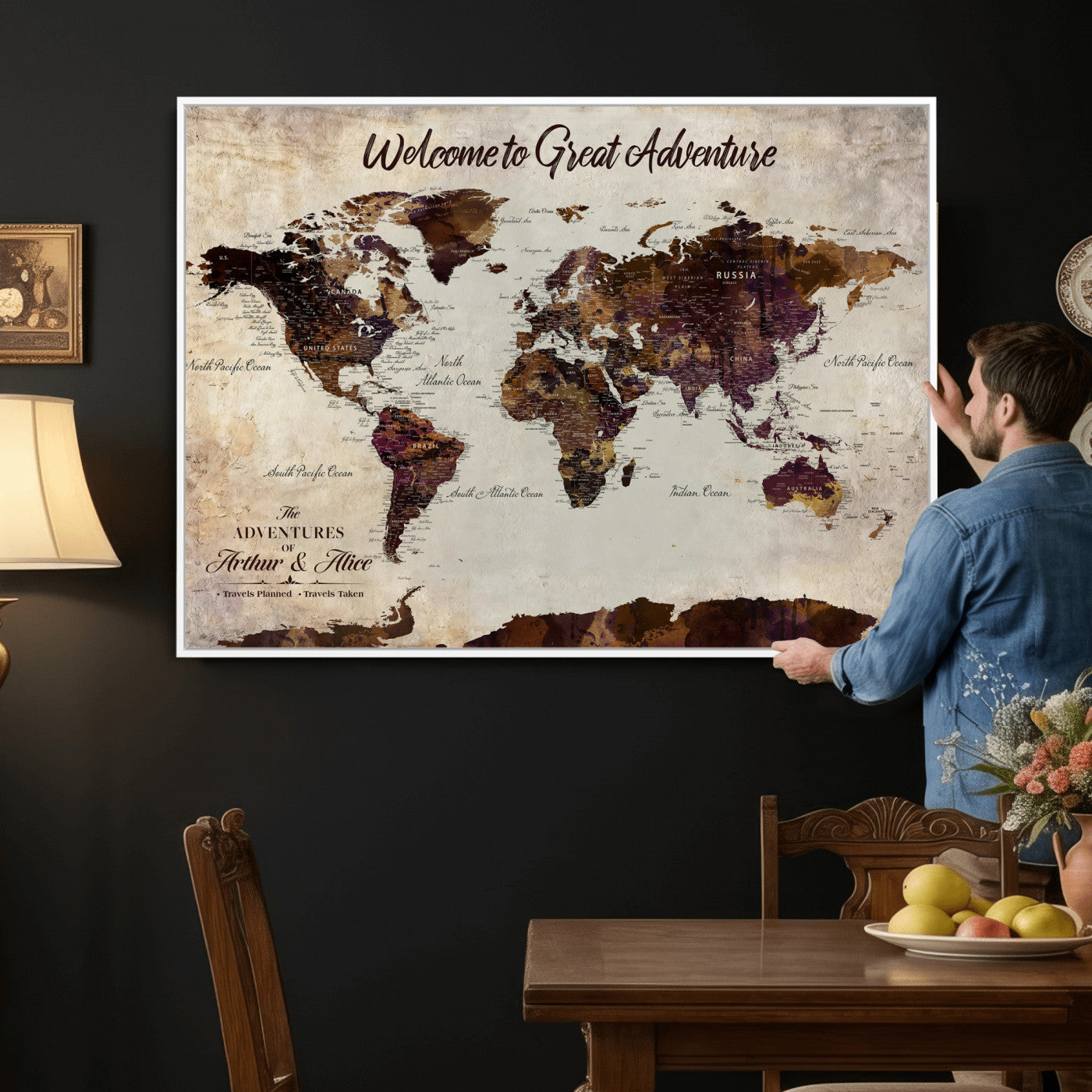 64110391126-MGV-CV-36X24-Custom Push Pin World Map Wall Art Canvas Print – Personalized Travel Tracker with Pins Framed Large for Home and Office Decor