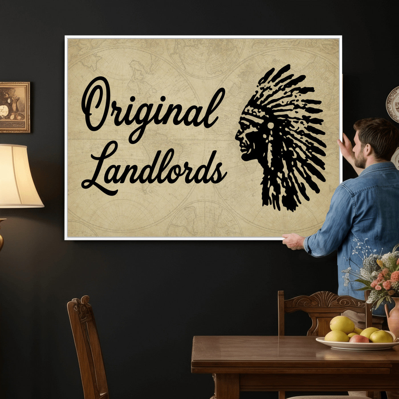 56844712-MGV-CV-36X24 - Original Landlords Wall Art Canvas Print, Native American Silhouette Artwork, Framed Wall Art Ready to Hang
