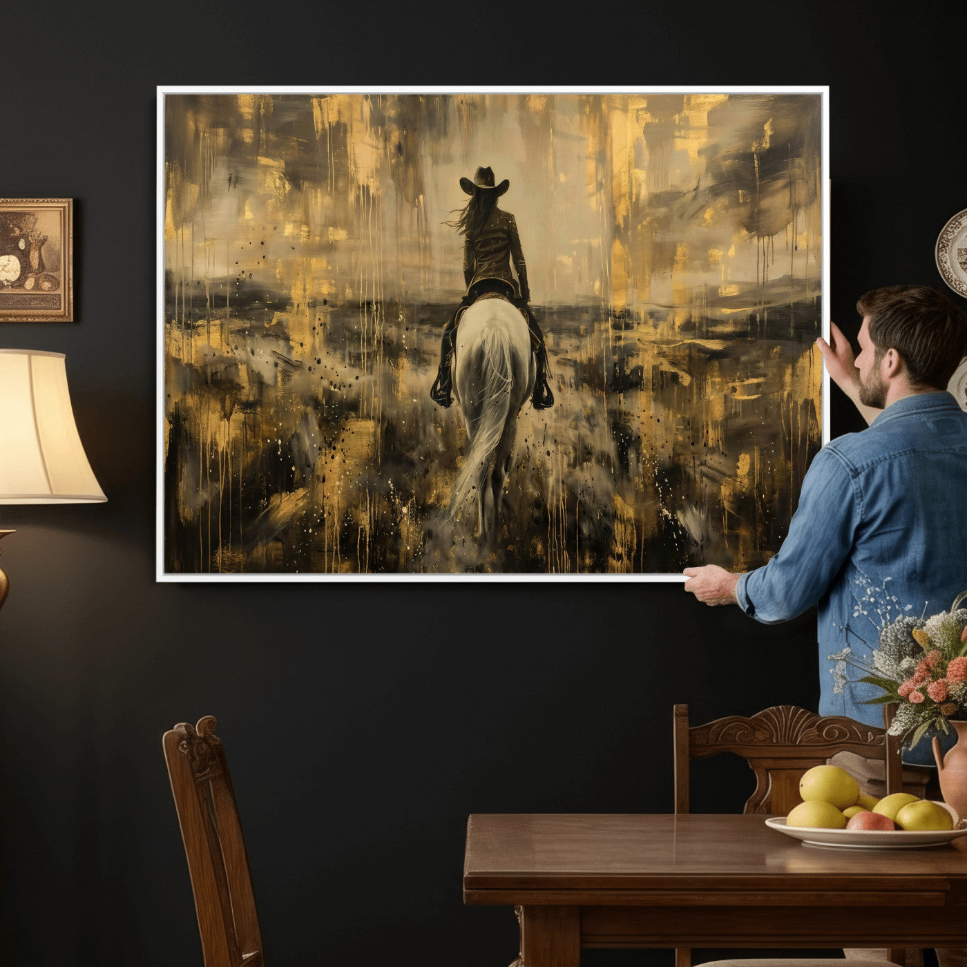 20465530-MGV-CV-36X24 - Cowgirl Wall Art Canvas Print, Western Horse Rider Wall Art, Framed Wall Art Ready to Hang