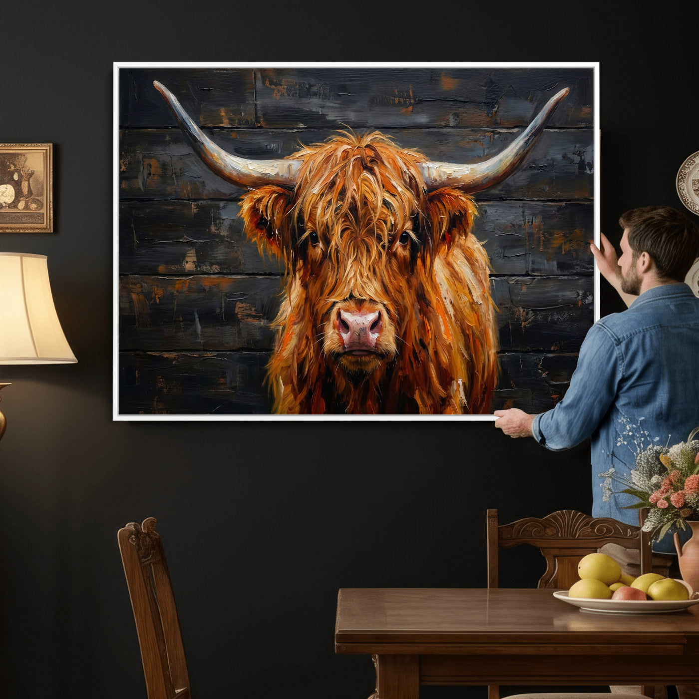 32536611-MGV-CV-36X24 - Highland Cow Wall Art Canvas Print, Rustic Farm Animal Painting, Framed Wall Art Ready to Hang