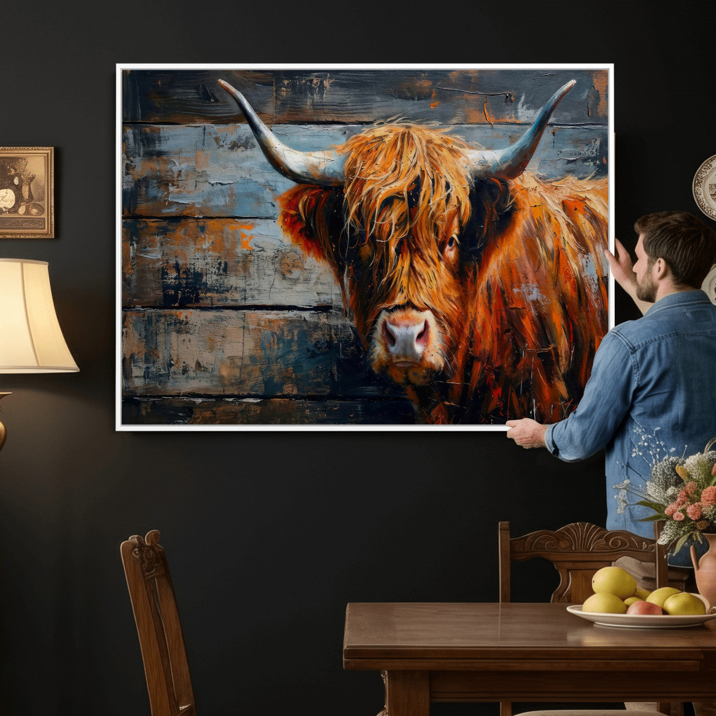 90271423-MGV-CV-36X24 - Highland Cow Wall Art Canvas Print, Abstract Rustic Farm Animal Wall Art Print, Framed Wall Art Ready to Hang