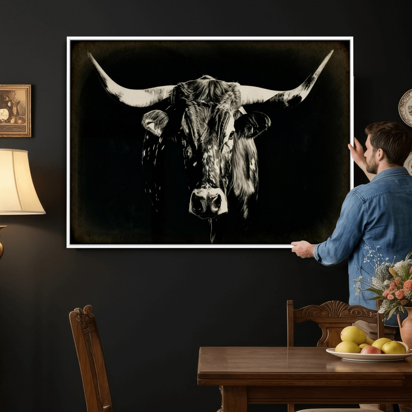 91364114-MGV-CV-36X24 - Black Bull Wall Art Canvas Print, Texas Longhorn Portrait Print, Framed Wall Art Ready to Hang