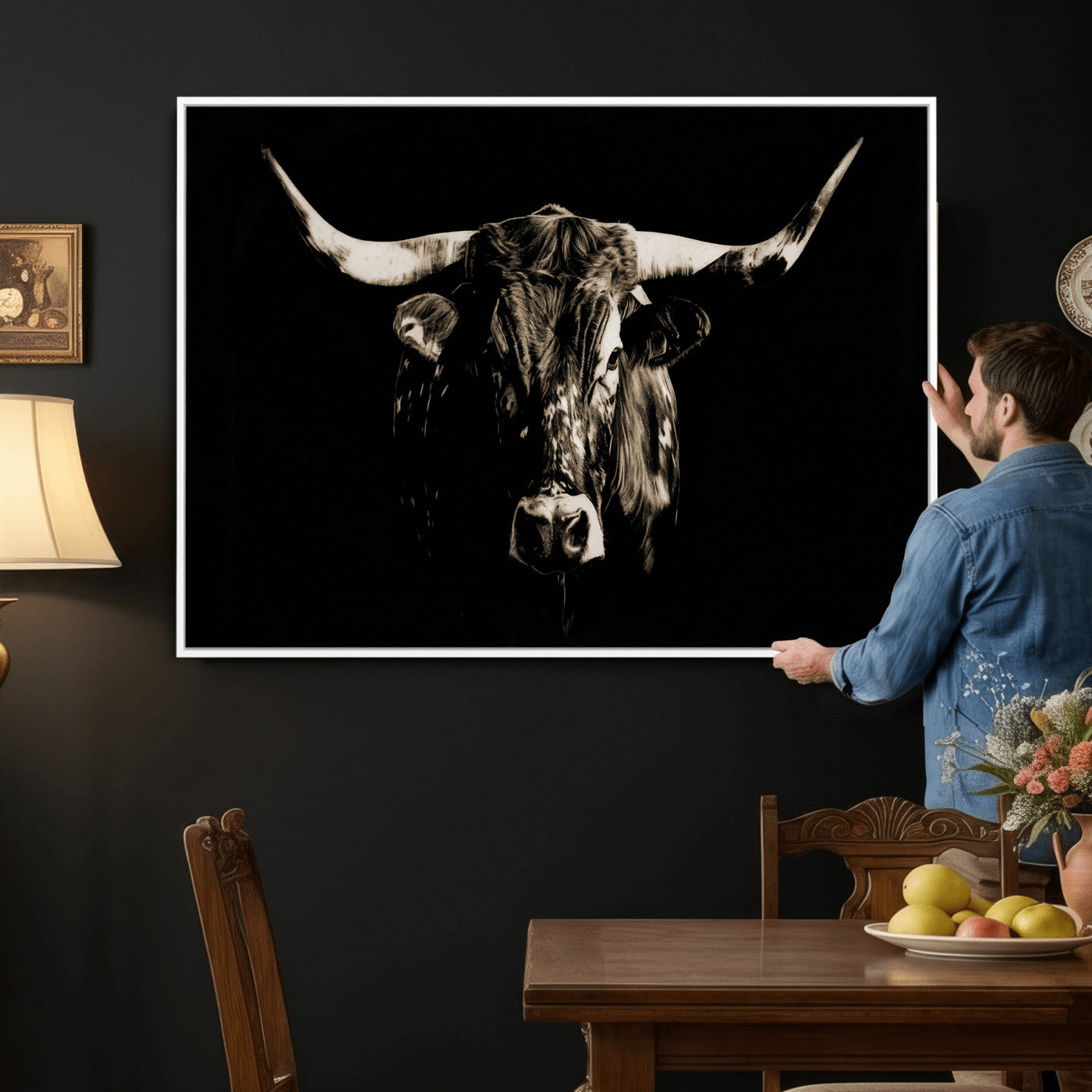 75774468-MGV-CV-36X24 - Black Bull Wall Art Canvas Print, Dark Longhorn Portrait Photography, Framed Wall Art Ready to Hang